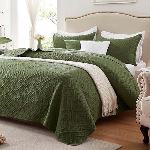 LEAONME Quilt Set King Size 3 Pieces, Lightweight Olive Green