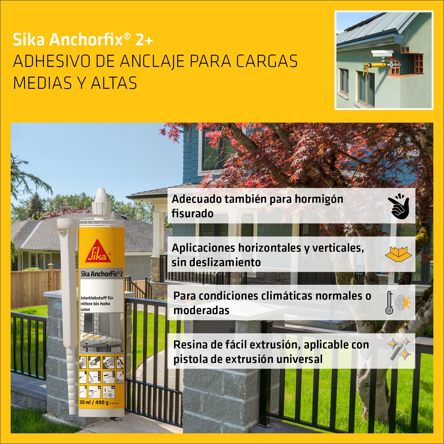 SIKA - Adhesivo de anclaje -Sika Anchorfix 2+ gris claro - Para cargas medias y altas - Acero corrugado, hormigón y pernos - Fraguado rápido - 300 ml