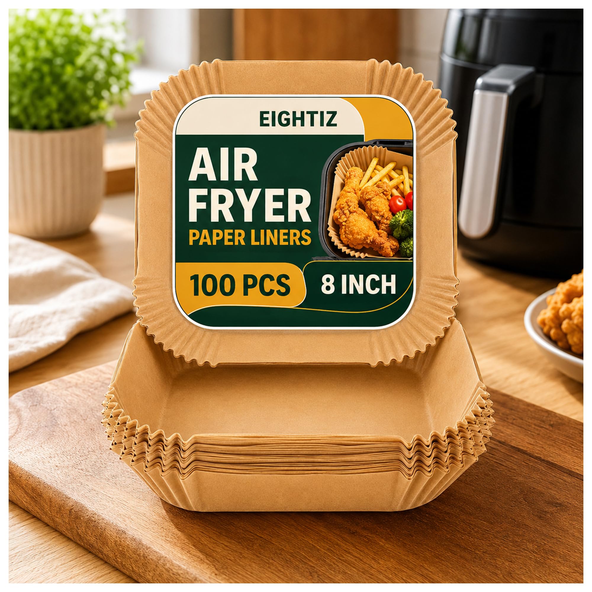 Eightiz 100 PCS Air Fryer Paper Liners, Disposable Parchment Paper, Oil-Proof Non-Stick Baking Sheets for Air Fryer, Microwave, Baking, Roasting, Frying & Cooking (Square, 8 Inch).-image-26