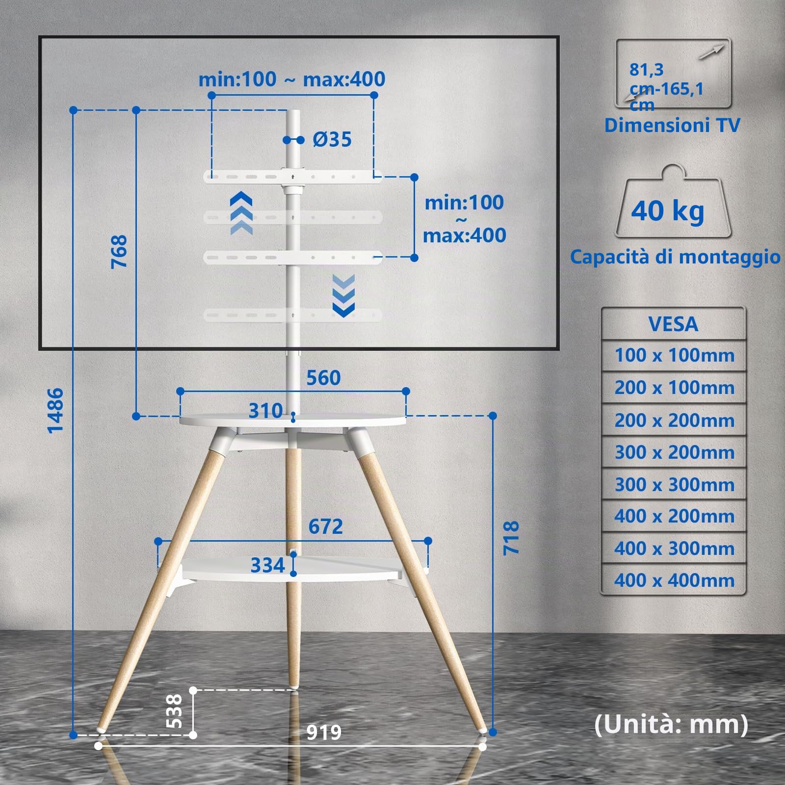 5Rcom Cavalletto per TV con 2 ripiani, girevole e regolabile in altezza, in legno, per schermo LED LCD OLED da 32-65 pollici, VESA max 400 x 400 mm, carico massimo 40 kg, bianco