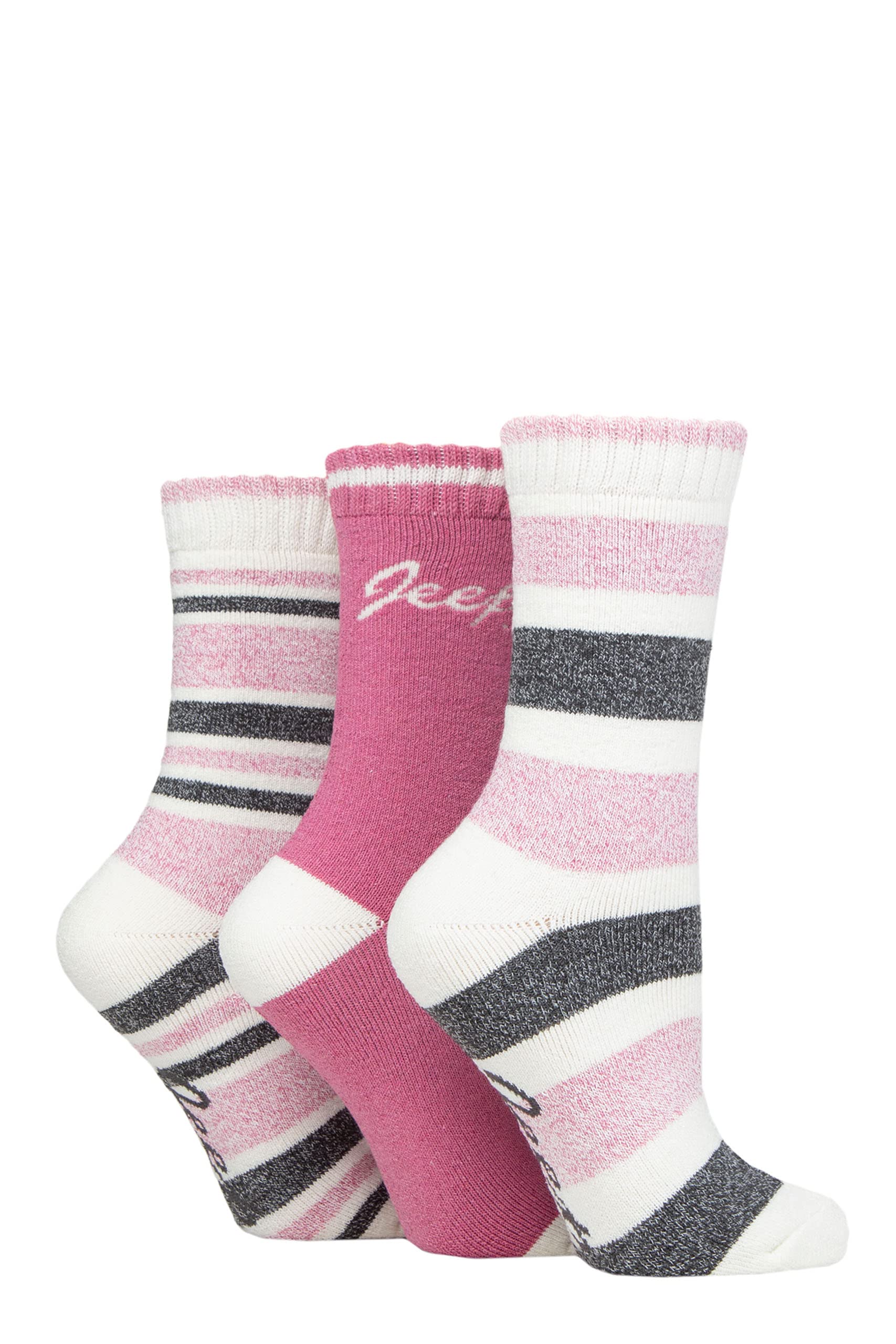 Jeep Women's Rose/Cerise/Cream Performance Full Cushion Striped Boot Socks Pack Of 3 4-8