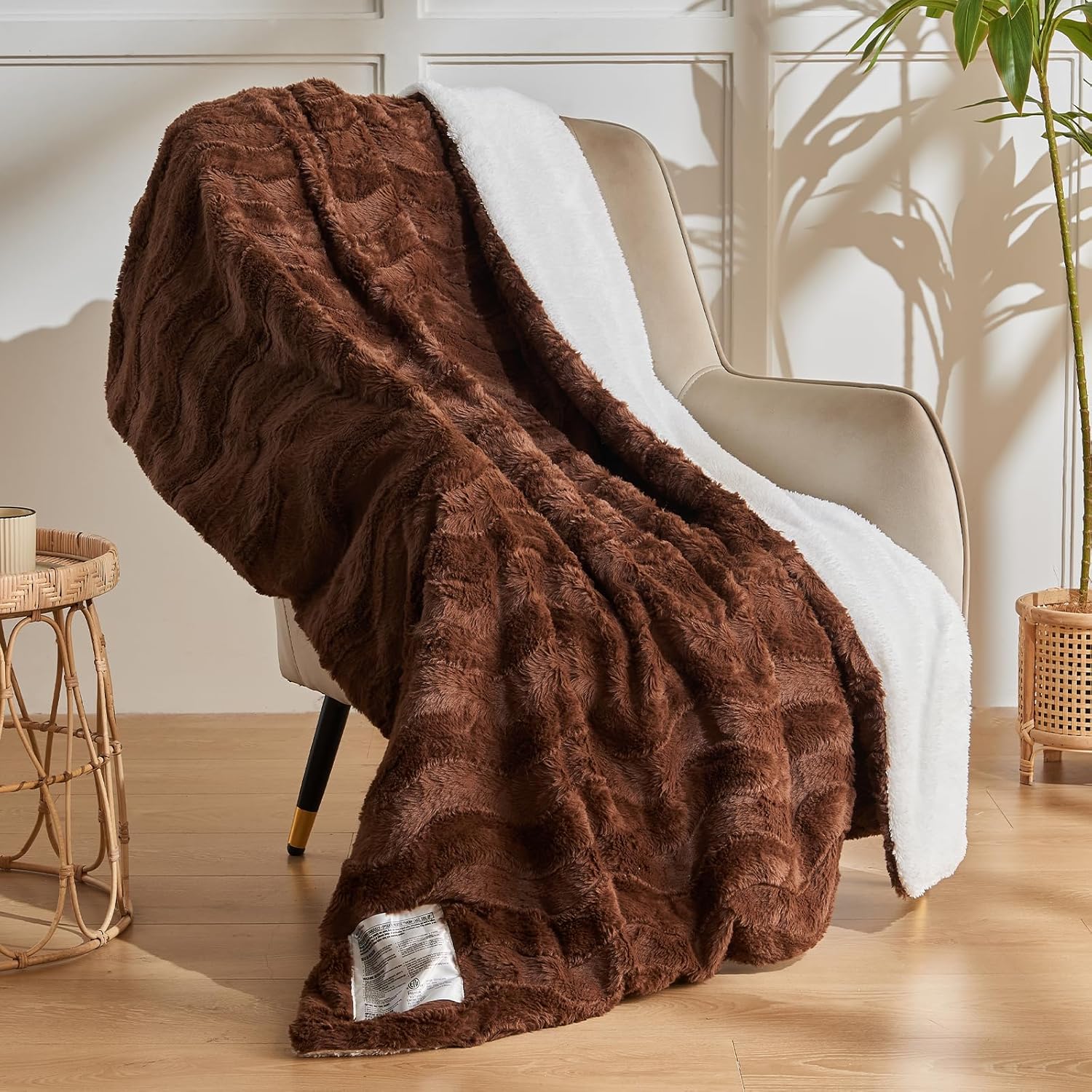 Heated Blanket Throw, Warm Soft Faux Rabbit Fur Electric Blanket with 6 Heating Levels & 4 Hours Auto-Off, Fast Heating & Over-Heat Protection, Machine Washable - Brown, 50”x 60”