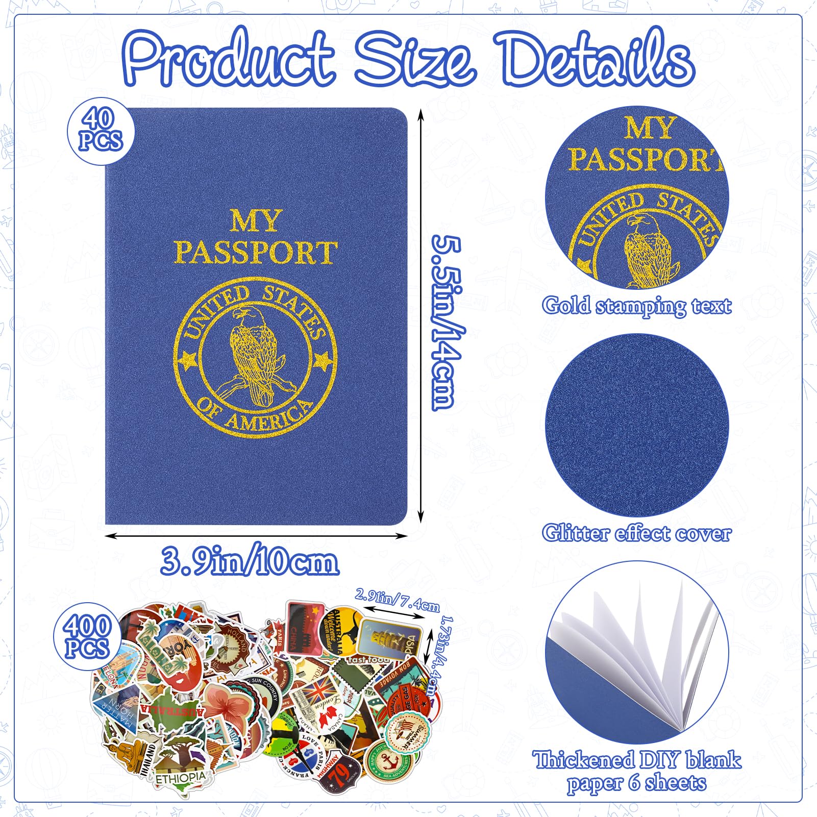 40 quaderni vuoti per passaporto, 400 adesivi per diario di viaggio, passaporto finto per bambini, 14 x 9 cm, bomboniere per bambini, scuola, viaggi, giochi, premi