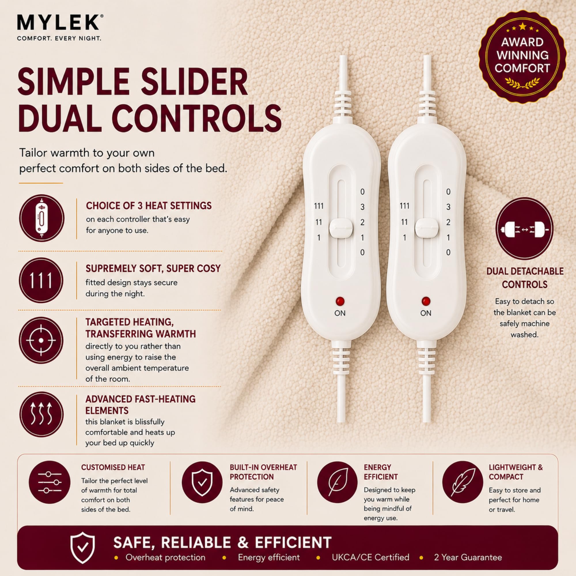 Mylek Coperta elettrica super king size con materasso riscaldato, doppio controllo, con bordo elastico, dimensioni 203 x 182 cm x 40 cm, protezione contro il surriscaldamento, riscaldamento rapido,