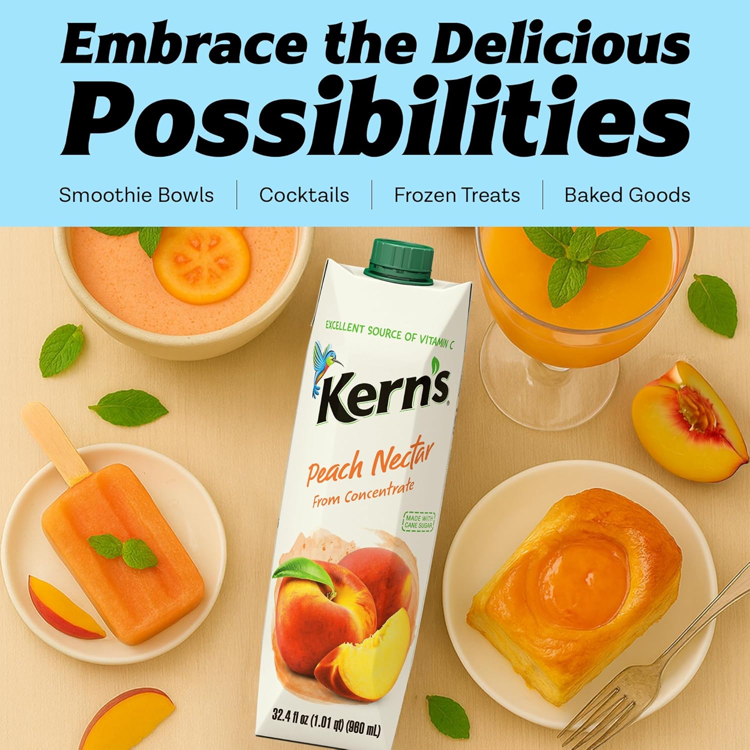Kern’s Peach Juice Nectar - Peach Nectar Made with Fresh Fruit Puree - Tropical Fruit Juice Concentrate for Smoothie Mix, Cocktail Mixers, Kids Drinks & Mexican Beverages - 32.4oz, 12 Pack Carton
