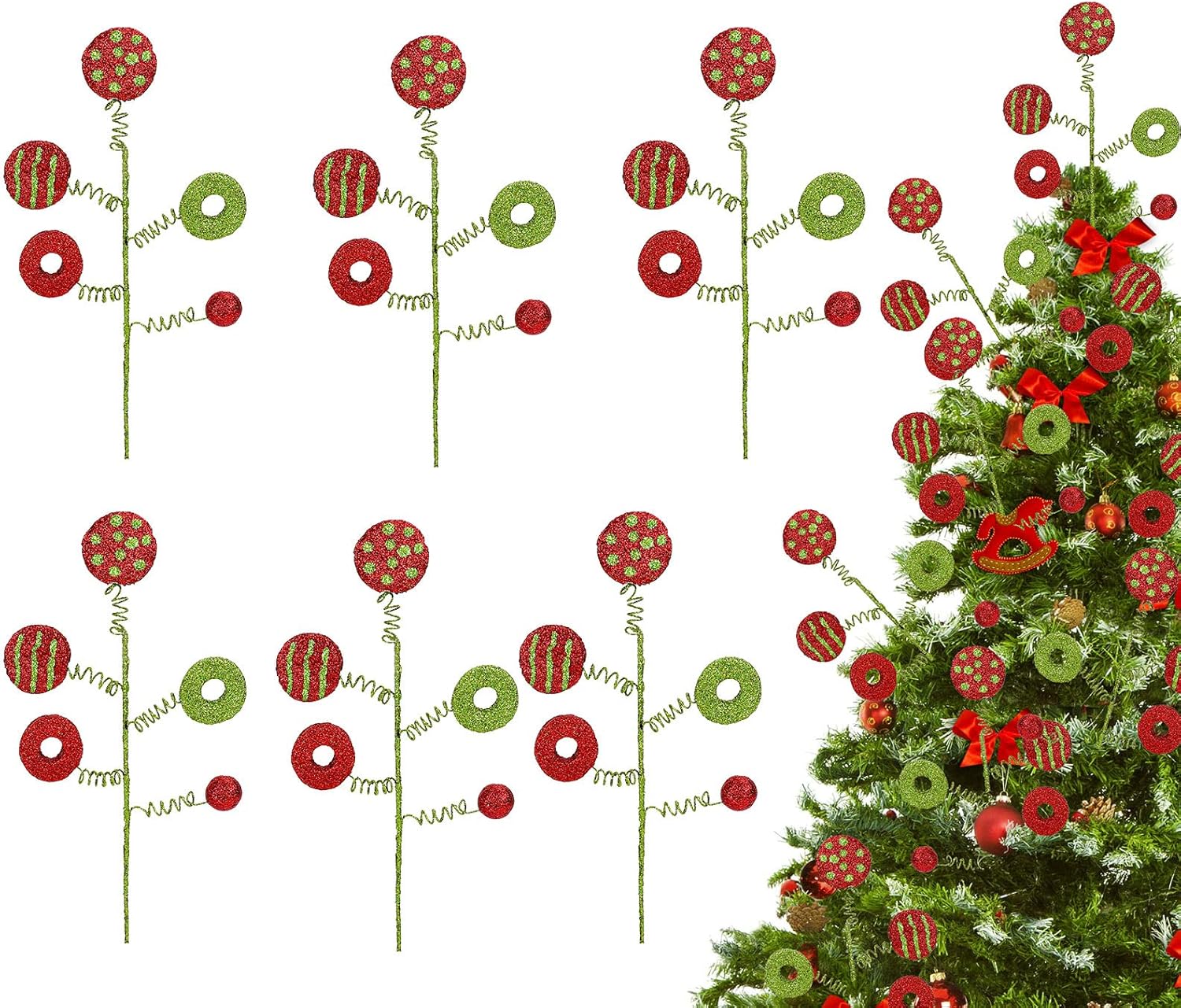 Whaline 6Pcs Christmas Tree Decoration Xmas Tree Curly Picks Red Green