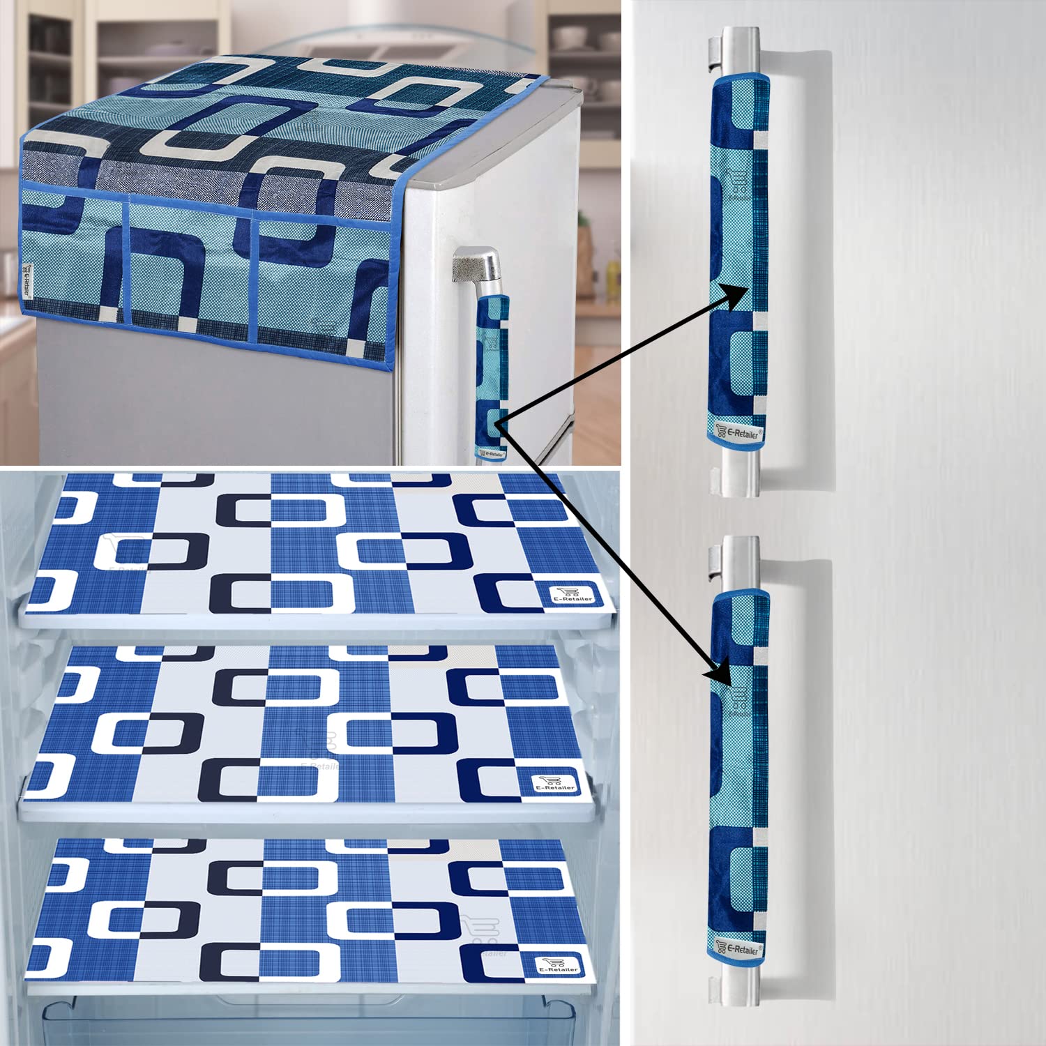 E-Retailer® Exclusive Combo Set of Appliances Cover (1 Pc. of Fridge Top Cover, 2 Pc. of Refrigerator Handle Cover and 3 Pc. Of Refrigerator Mat/Fridge Shelf Mat) (Color- Blue, Design-Box, Set Contains- 6 Pcs)