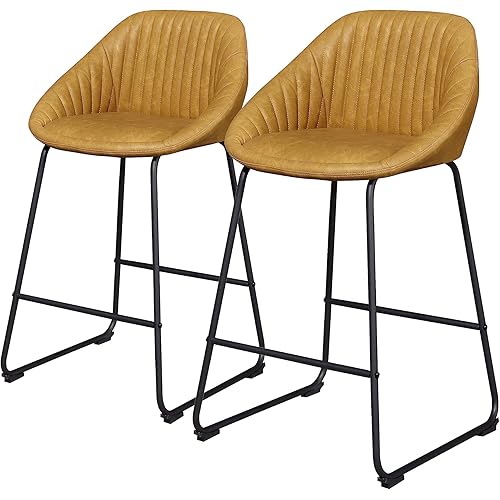 Volans Leather Bar Stools Set of 2, Modern Bar Stools Upholstered Counter Height Stools Chairs Kitchen Island Chairs with Back (Yellow)