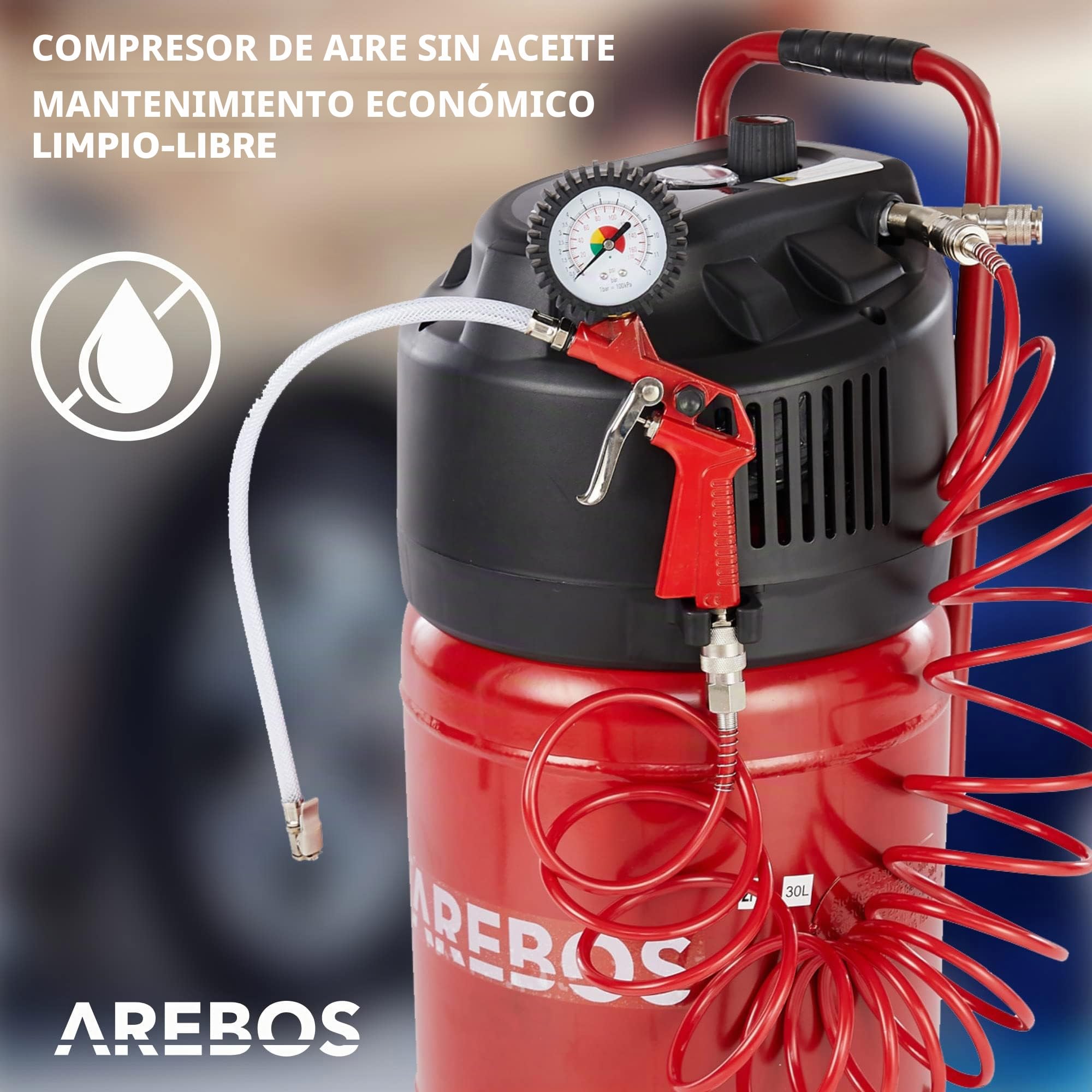 Arebos Compresor de aire comprimido | 30L | 1500W | con accesorios de 13 piezas | sin aceite| 240 L/min | Euroacoplamiento doble | 10bar | capacidad: 50 l, 30 l o 6 l