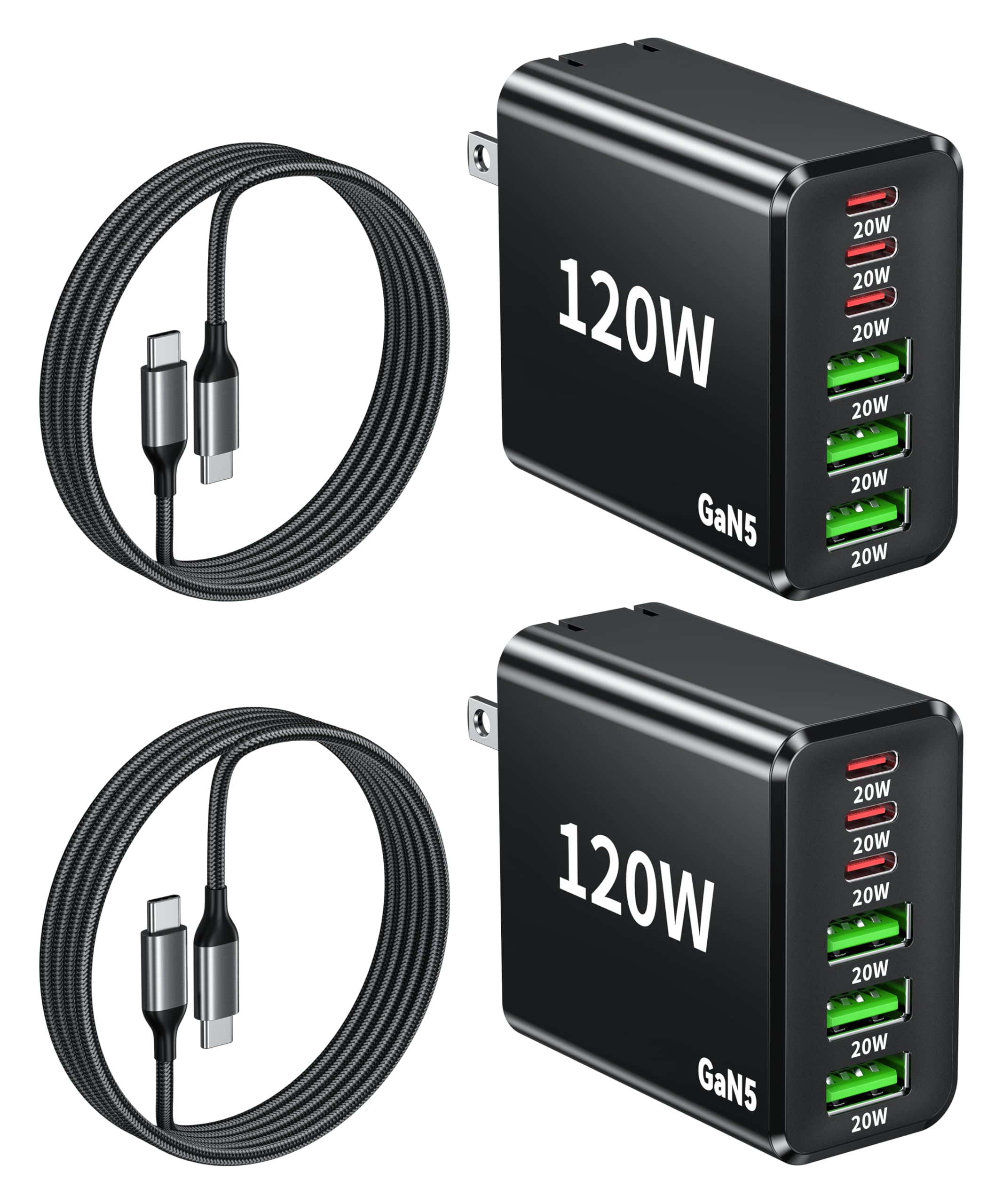 USB C Charger 2pack 120W Fast GAN Charger Block 6 Multi Port Charging Station Hub Brick Dual PD 100W Laptop Charger for DELL HP MacBook Pro/Air/All iPad iPhone 16 15/14/13/Pro Max/Samsung Galaxy Note