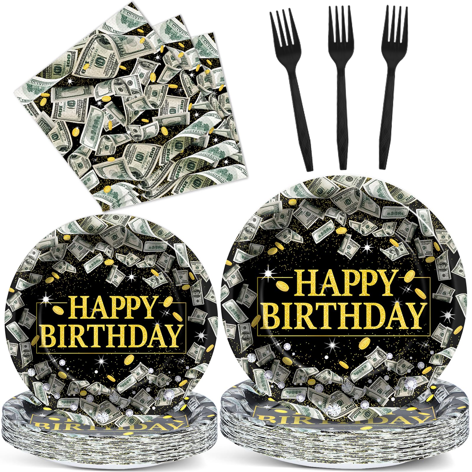 gisgfim 96PCS Money Birthday Party Supplies Paper Plates Napkins Money Decorations Tableware Set Disposable Hundred Dollar Bills Birthday Party