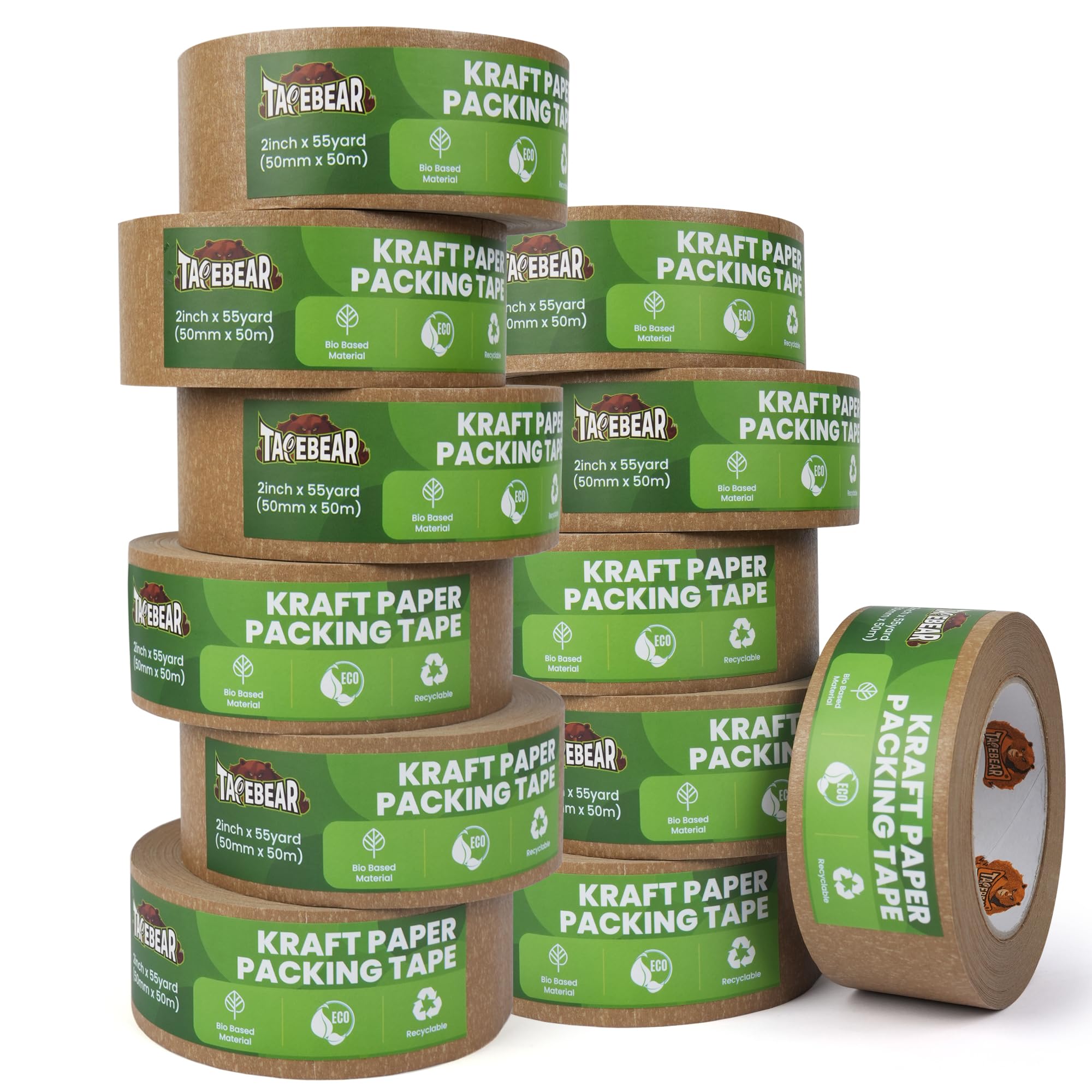 TAPEBEAR Nastro di Carta per Imballaggio 50m x 50mm, 12Rotoli Riciclata Nastro Adesivo Marrone, Ecologico Nastro Adesivo Pacchi per Scatole, Scatoloni e Cartoni, Trasloco e Spedizioni