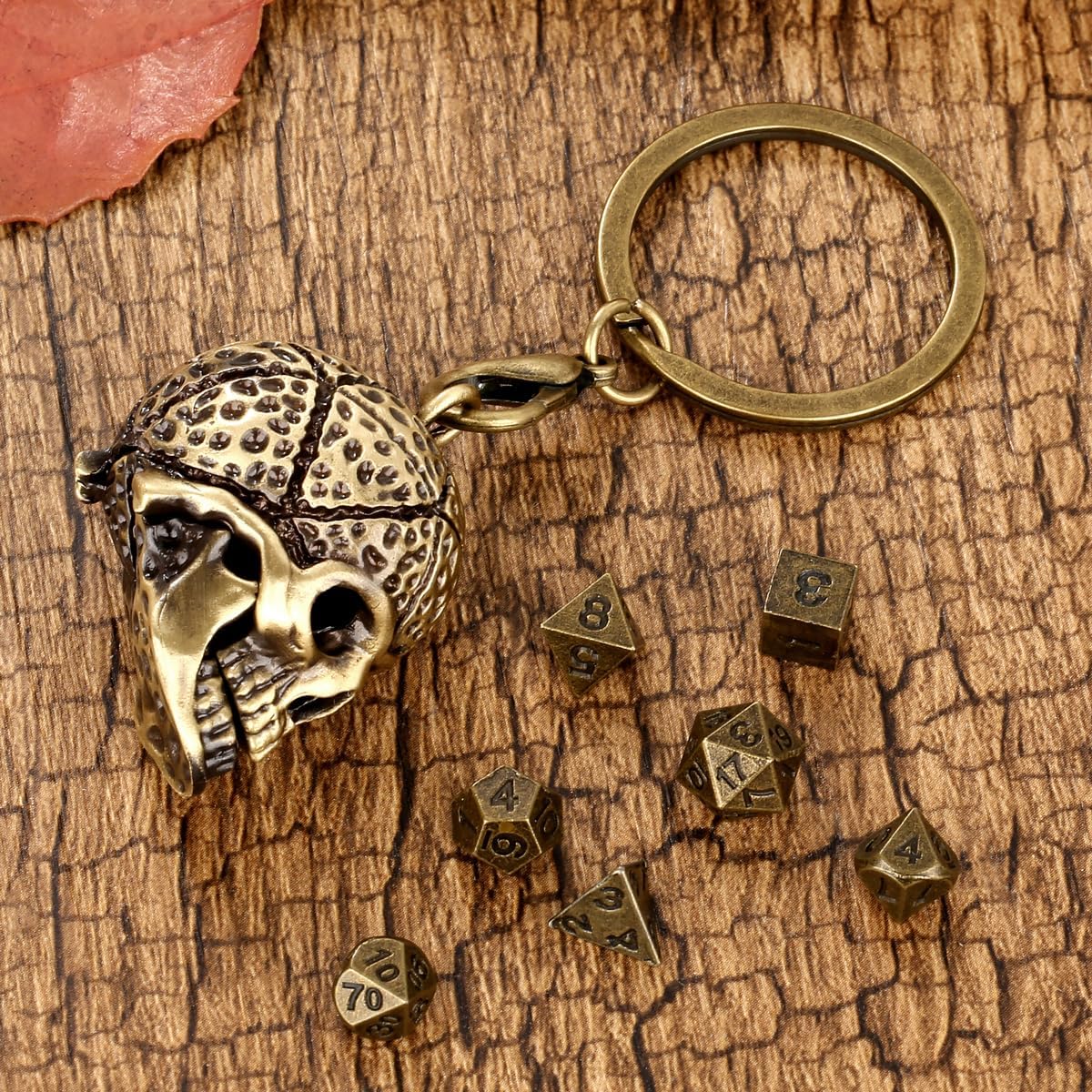 Keller & Weber Mini DND Dice Set with Skull Head Metal Cage Portable Keychain Necklace, Tiny 7pcs Polyhedral D&D Dice Set