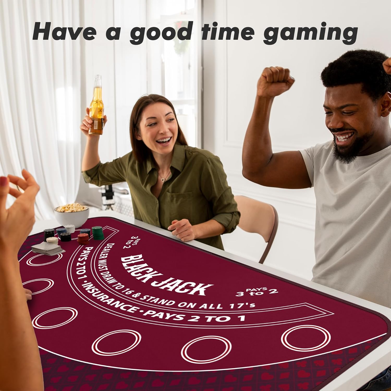 Blackjack Mat 70" x 35" Blackjack Table Top Mat 21 Black Jack Mat for Casino Table Rubber Poker Mat with Storage Bag 6 Coasters for Casino Games