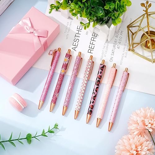 Miniatura 4 de Whaline 7 bolígrafos retráctiles con purpurina brillante, bolígrafos retráctiles de metal rosa con caja de regalo, bolígrafos de tinta negra para