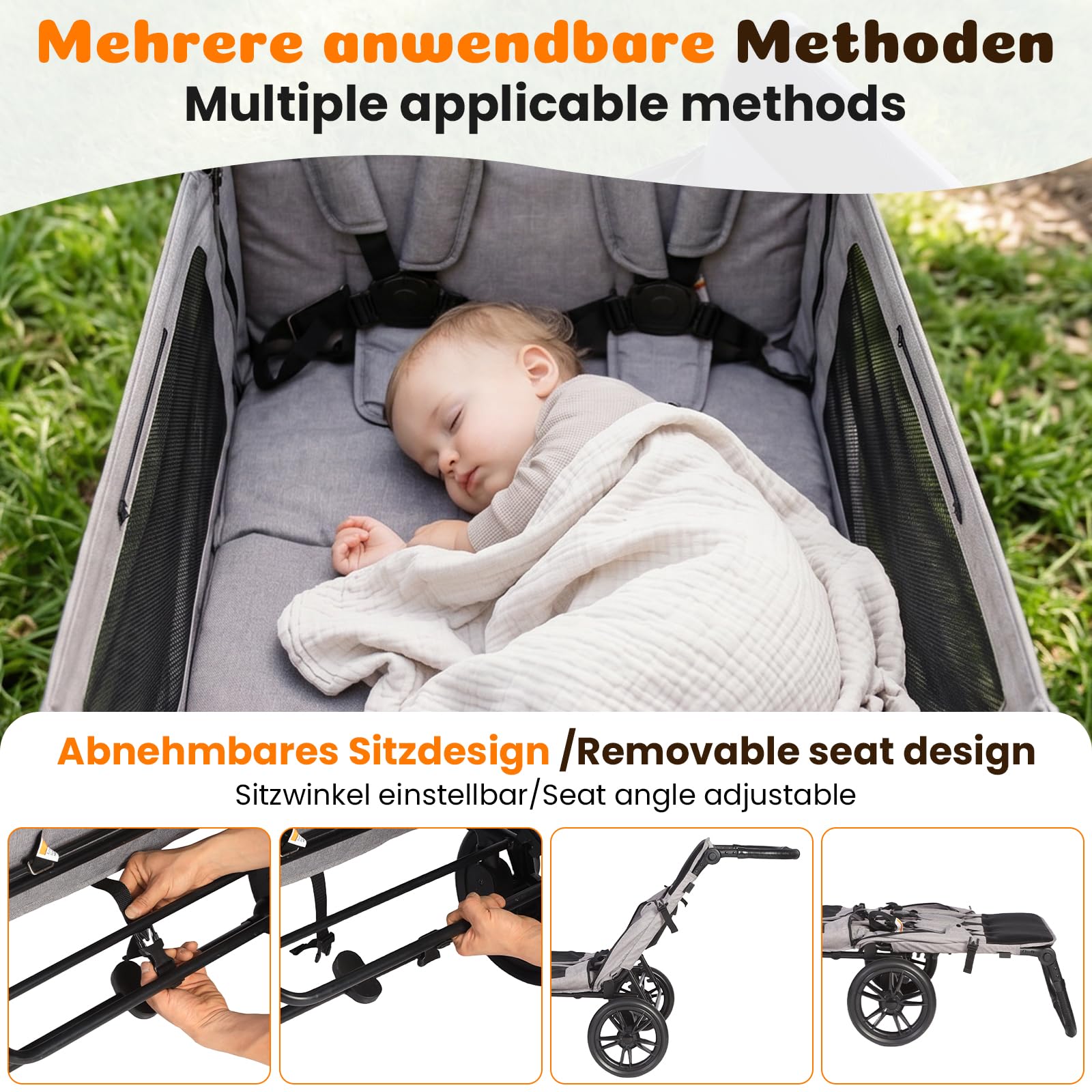 Carretto per bambini con sedile, passeggino pieghevole per 4 bambini, maniglione regolabile in 8 posizioni, capottina parasole e vassoio, ruote in PU per tutti i terreni, tasca laterale,portabevande