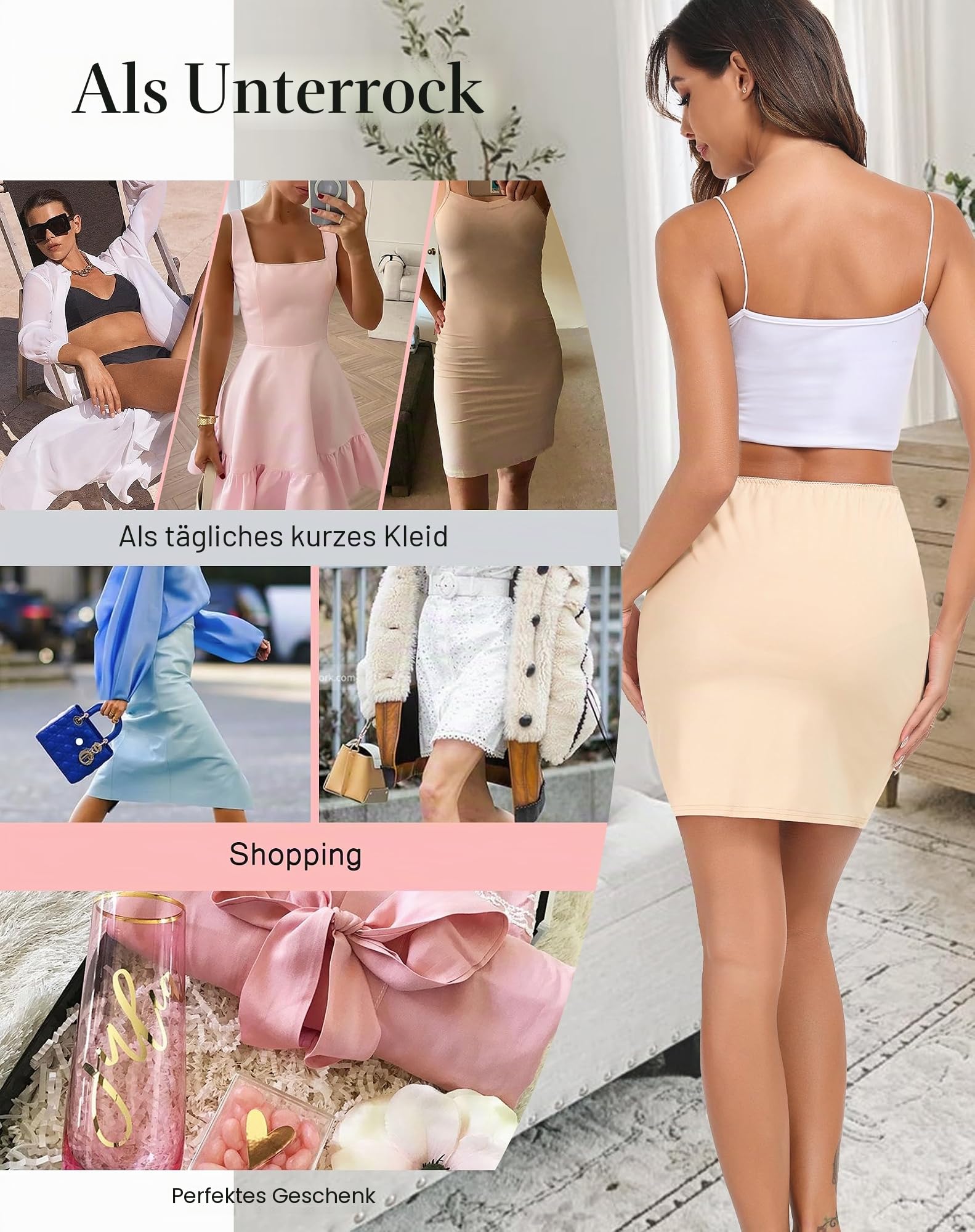 Vlazom Damen Unterrock Kurz Petticoat Knielang Halbrock Unsichtbar Unterkleid Nachtkleid Elegantes Silky Touch