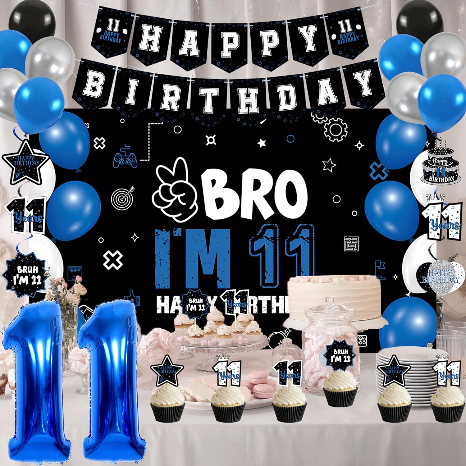 Vlipoeasn 11th Birthday Decorations Set for Boys Girls, 37PCS Black Blue 11 Year Old Birthday Backdrop Banner, Black Blue Bruh I'm 11 Party Supplies