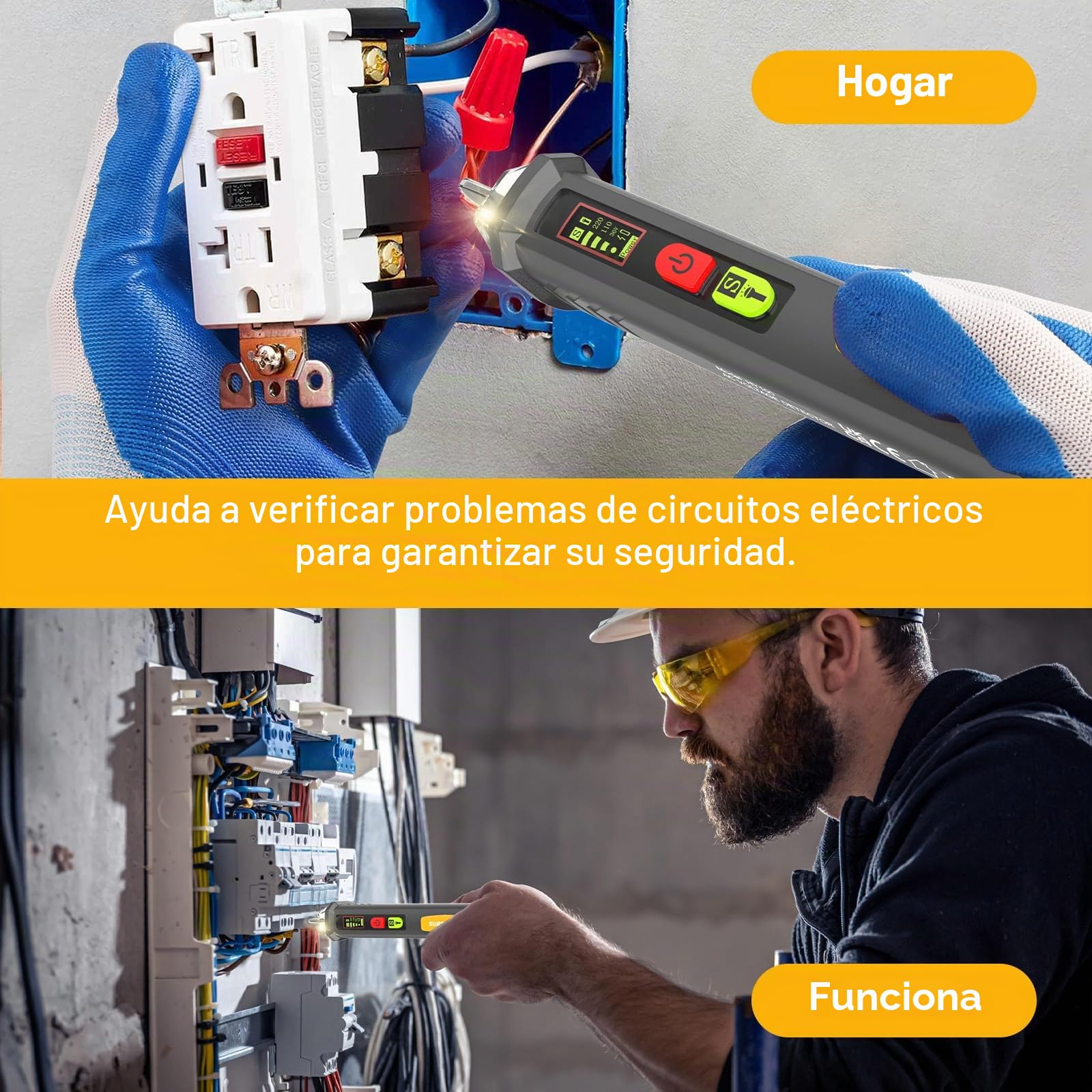 SURFOU Detector de Voltaje sin Contacto AC 12V/48V-1000V con NCV, Linterna LED, Alarma Sonora, Detección de Cable Vivo/Neutro y Rotura de Cables, para Electricistas y Bricolaje