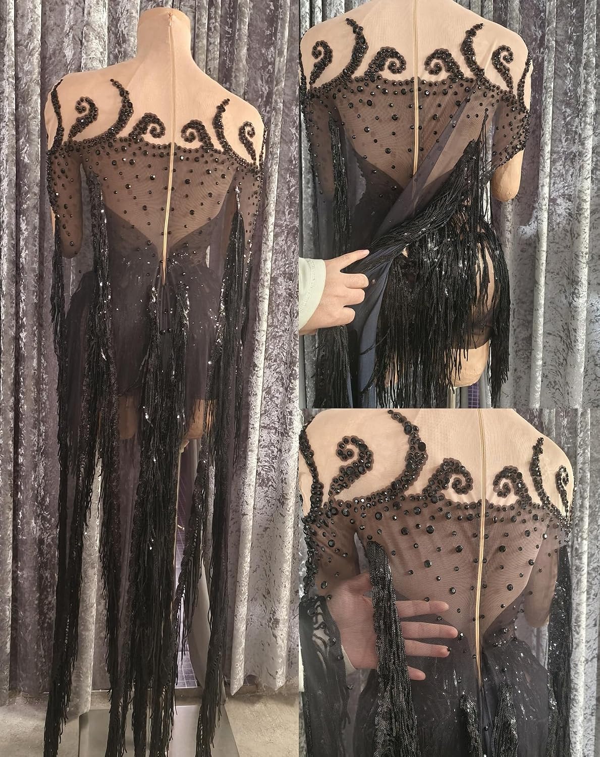 Black Fringe Sequin Bodysuit Sheer Beaded Bodysuit One Size for Dance Party Stage Performance Halloween Costume