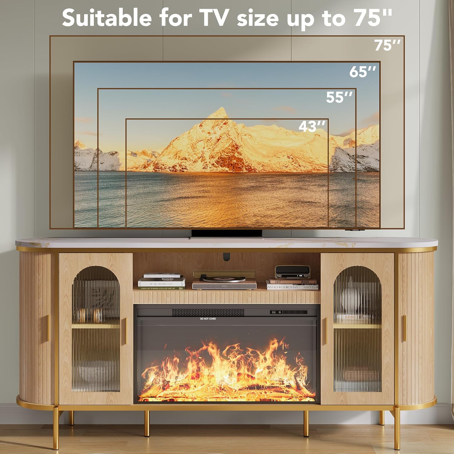 70" Fluted Fireplace TV Stand for TVs Up to 80 Inches, Entertainment Center with 30" Fireplace, Reeded Glass Door, Sliding Doors & Ajustable Shelves, Media TV Console for Living Room, Oak - Image 8