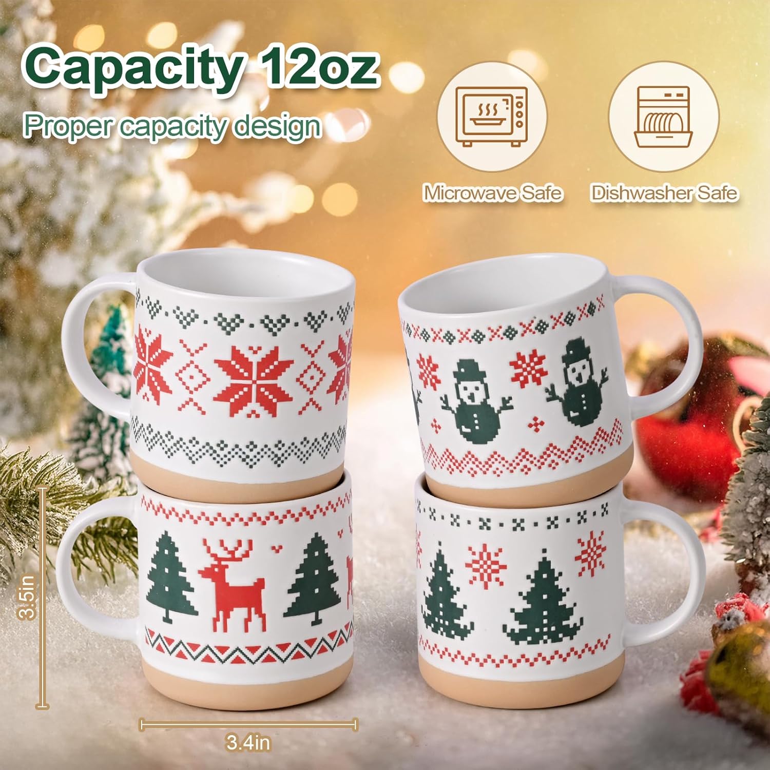 YHRJWN Christmas Mugs Set of 4, Christmas Mugs with Xmas Tree, Snowman, Snowflake, Reindeer Design Pixel Print, Xmas Coffee Mugs for Family Friends, 12 Oz - Image 8