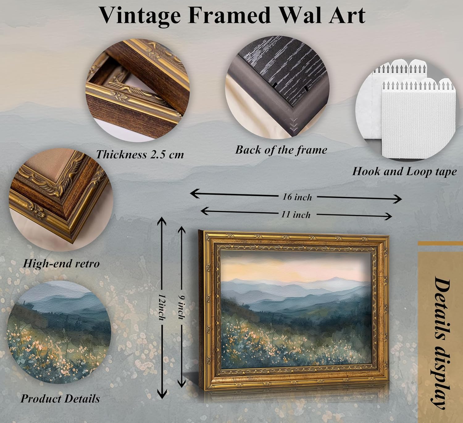 Vintage Gold Framed Forest Wall Art,Wildflower Valley Wall Decor,Meadow Landscape Painting,Watercolor Misty Mountain Pictures for Home,Study,Dining Room,Calming Nature,11L x 9W