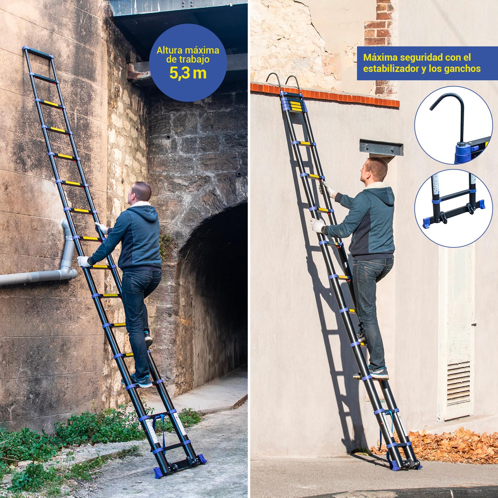 HOSTRÖM Escalera telescópica 4,4m TELESCOVA14+, Aluminio, Plegable, Extensible, Multi-función, Altura de Trabajo máx 5,3m, Ganchos Desmontables, Garantía de 5 años.