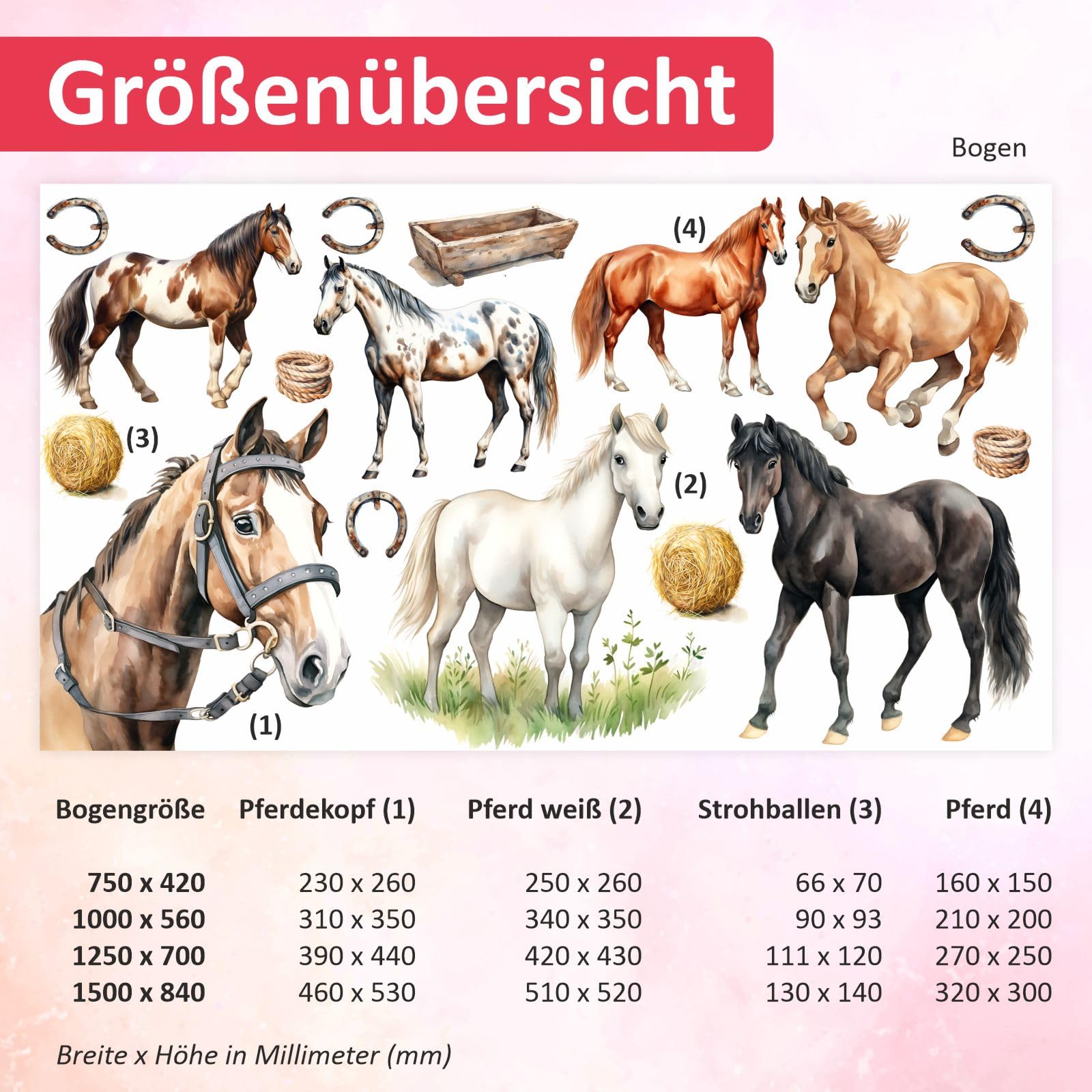 275 Wandtattoo Pferde Pferdekopf in 4 Größen Kinderzimmer Babyzimmer Mädchen Wandsticker Wandaufkleber (1500 x 840 mm)