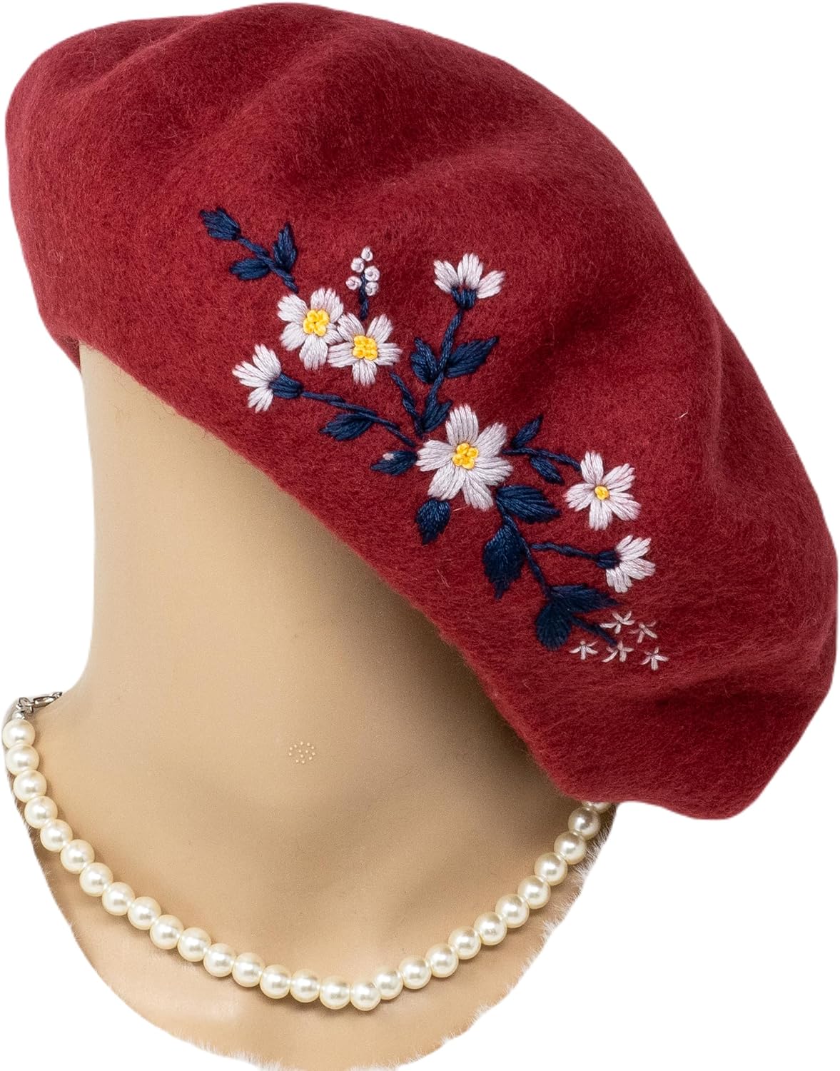 100% Wool Beret with Hand Embroider Flower Design, Unique Premium Winter Headwear