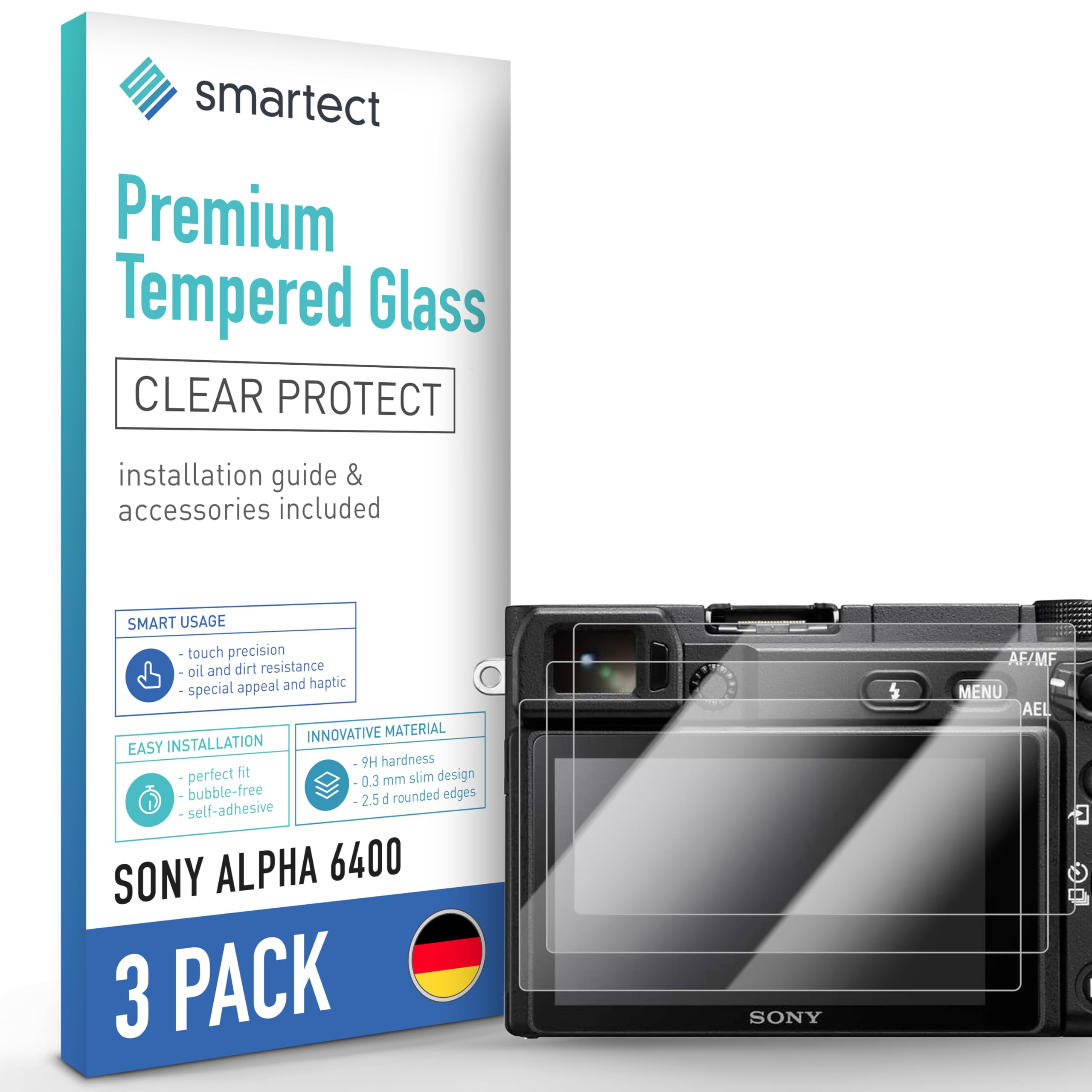 smartect Vetro Temperato [3 Pezzi, Clear] compatibile con Sony Alpha 6400, Pellicola Protettiva HD Anti Graffio, Senza Bolle, Durezza 9H, 0.3mm Ultra Trasparente, Ultra Resistente