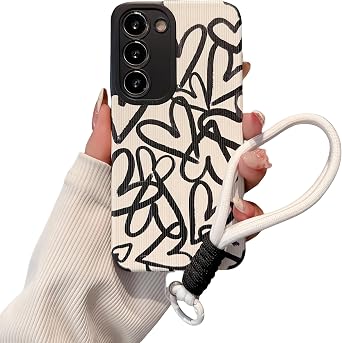 Cute Graffiti Hearts Pattern Phone Case for Samsung Galaxy S23 Ultra, Soft TPU Full Protection with Wristband, Aesthetic Anti-Fingerprint Anti-Slip Design for Women & Girls