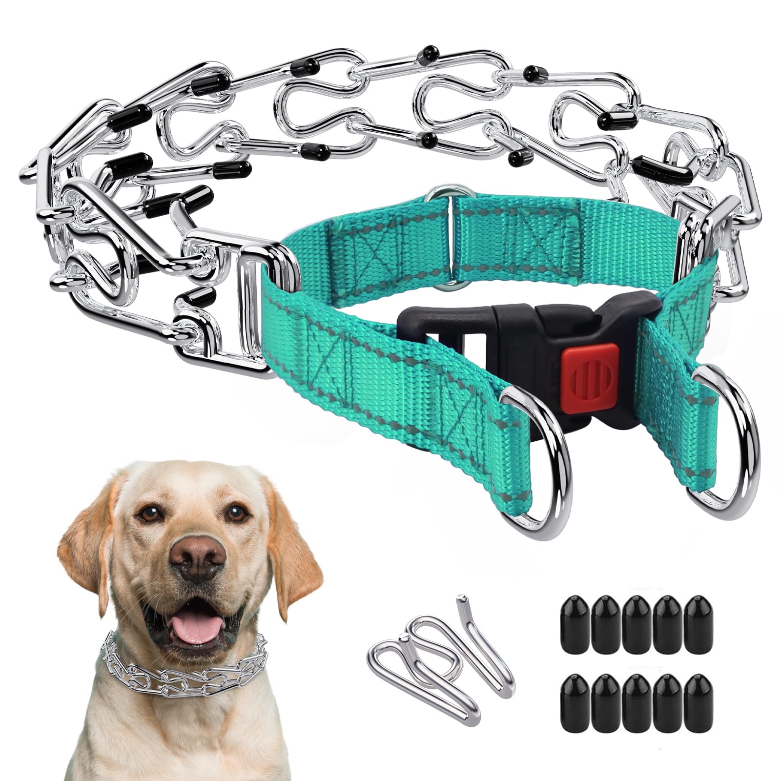 Marnonsis Dog Training Collar No Pull, Adjustable Dog Basic Collar for Small Medium Large Dogs with Quick Release Buckle,Extra Links, Safety Clip, Rubber Tips(Green,S)