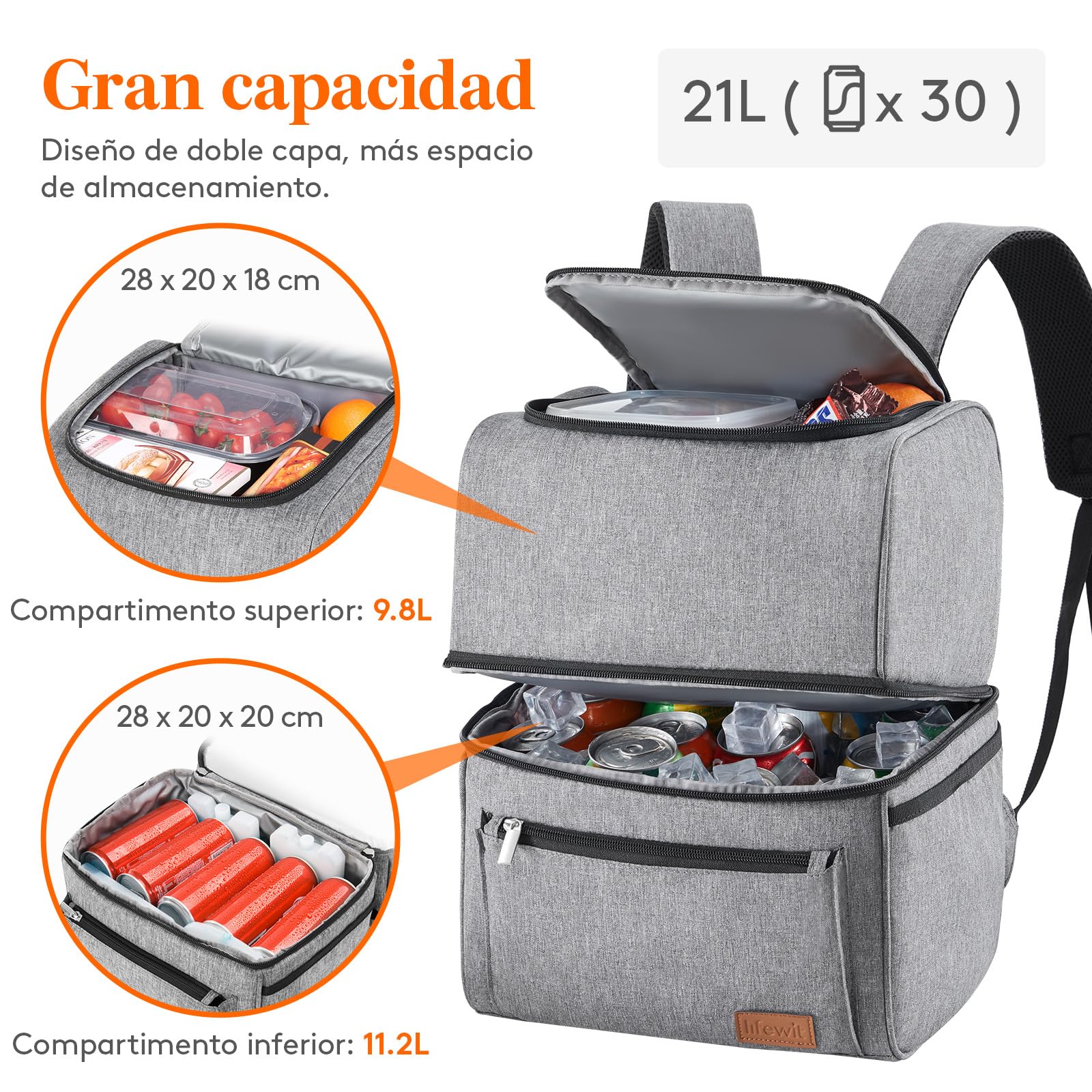 Lifewit Mochila Nevera, Mochila Termica Isotermica Grande, Nevera Portatil Porta Alimentos Doble impermeabilidad, Cooler Bag para Picnic, Playa, Camping, Trabajo, Viajes, Gris, 21L