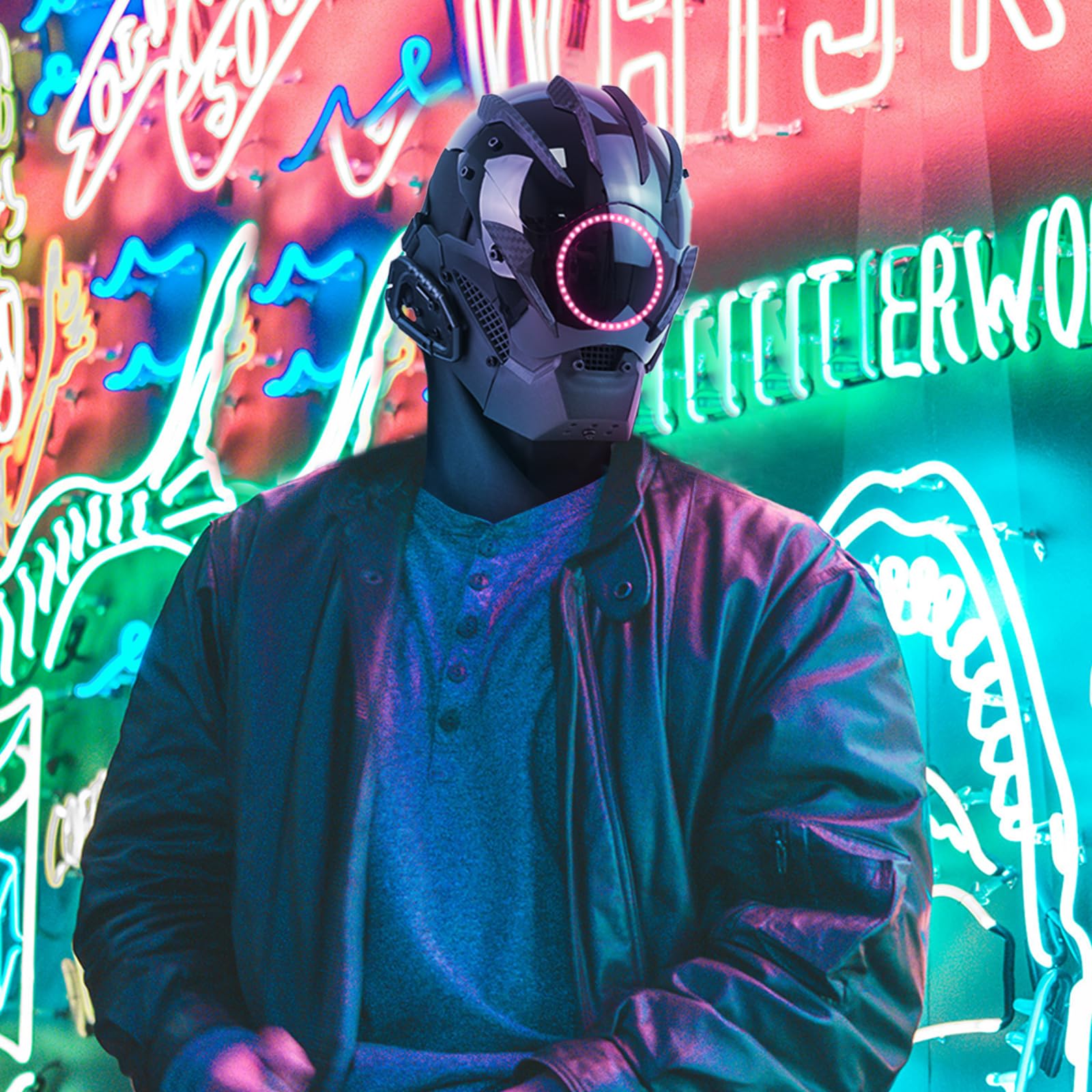 Maschera punk a LED da uomo, con cinturino regolabile, fosforescente, semi-casco, per DJ e rave, per feste, festival e cosplay