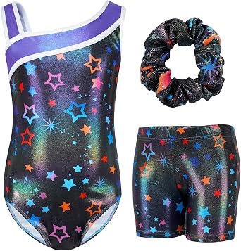 Gogokids Girls Sleeveless Sparkly Gymnastics Leotard Set with Shorts | Sparkly rhinestone gymnastics leotard, 3 Pcs set with shorts and scrunchie, for 3-12Y, ballet leotards, dance, tumbling