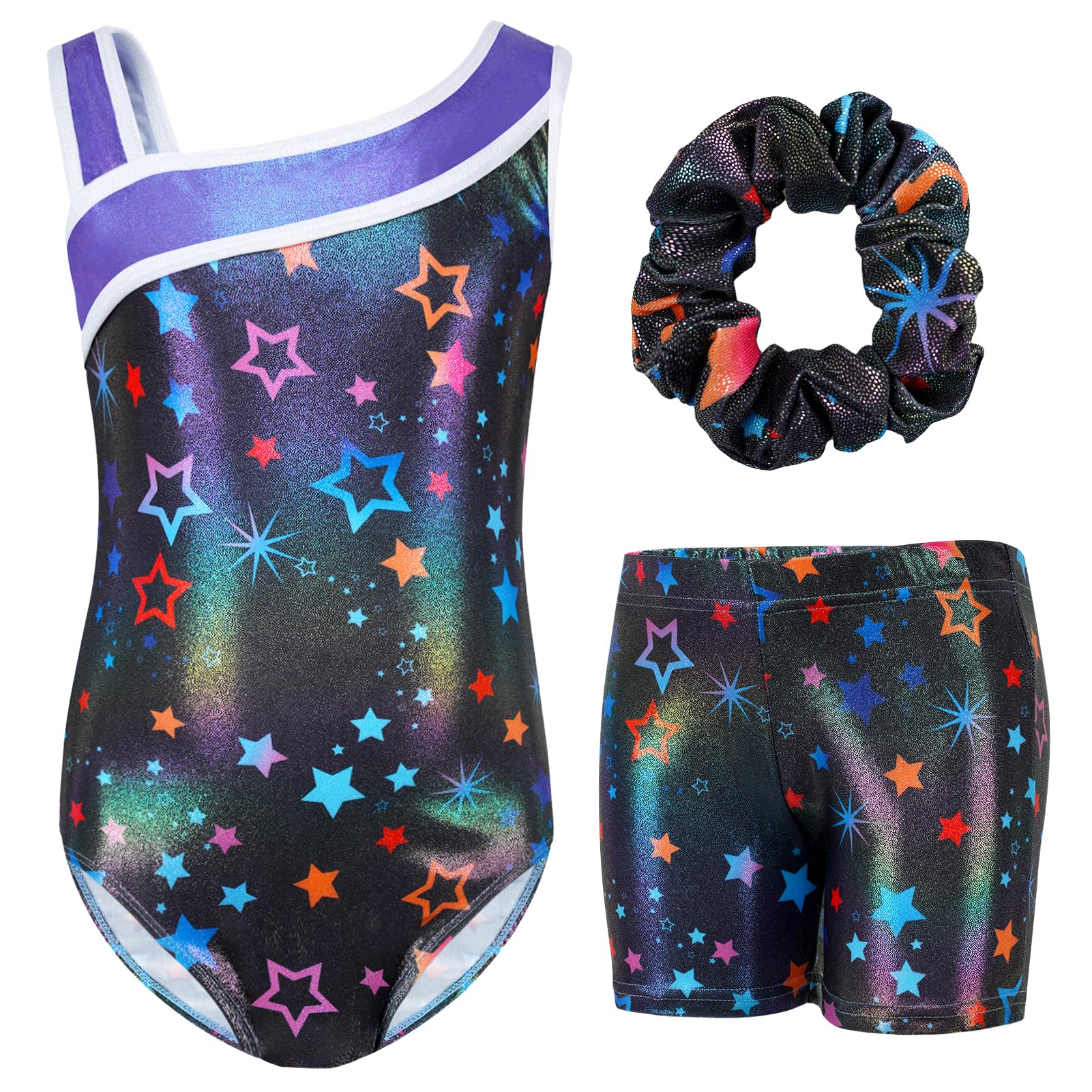 Gogokids Conjunto de gimnasia de tres piezas para niña, cuello en Y, sin mangas, con pantalones cortos y diadema, traje de gimnasia con diseño de bloques de color azul y morado, 3-12 años — view 21