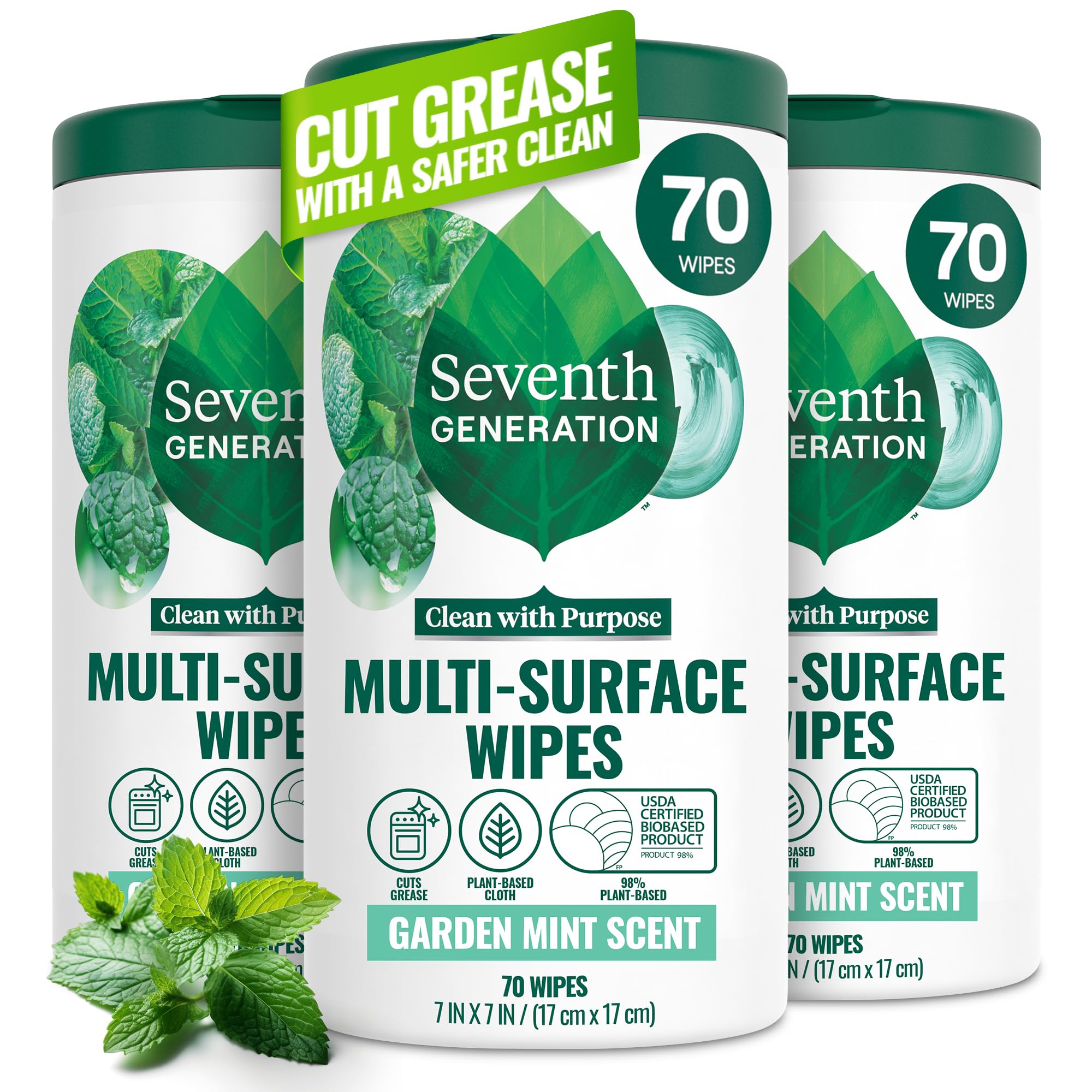 Seventh Generation Multi Purpose Wipes All Purpose Cleaning Garden Mint scent with 100% Essential Oils and Botanical Ingredients 70 count, Pack of 3