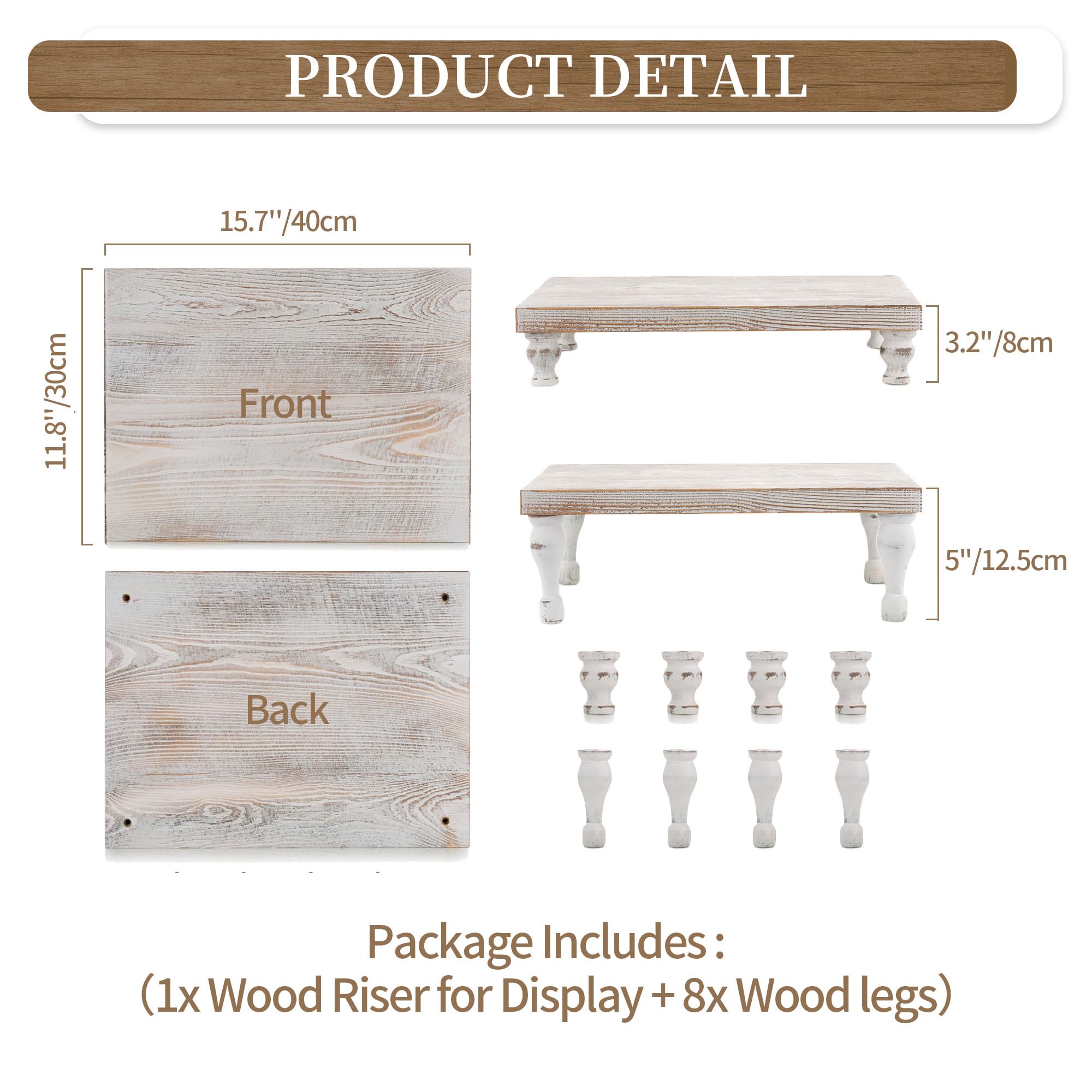 Hanobe - Bandeja decorativa de madera: soporte de exhibición con pedestal de madera rústica encalada para centro de mesa para cafetería, cocina, comedor, decoración de mesa, patas cortas y altas | Decoración rústica de mesa de café para centro de mesa de