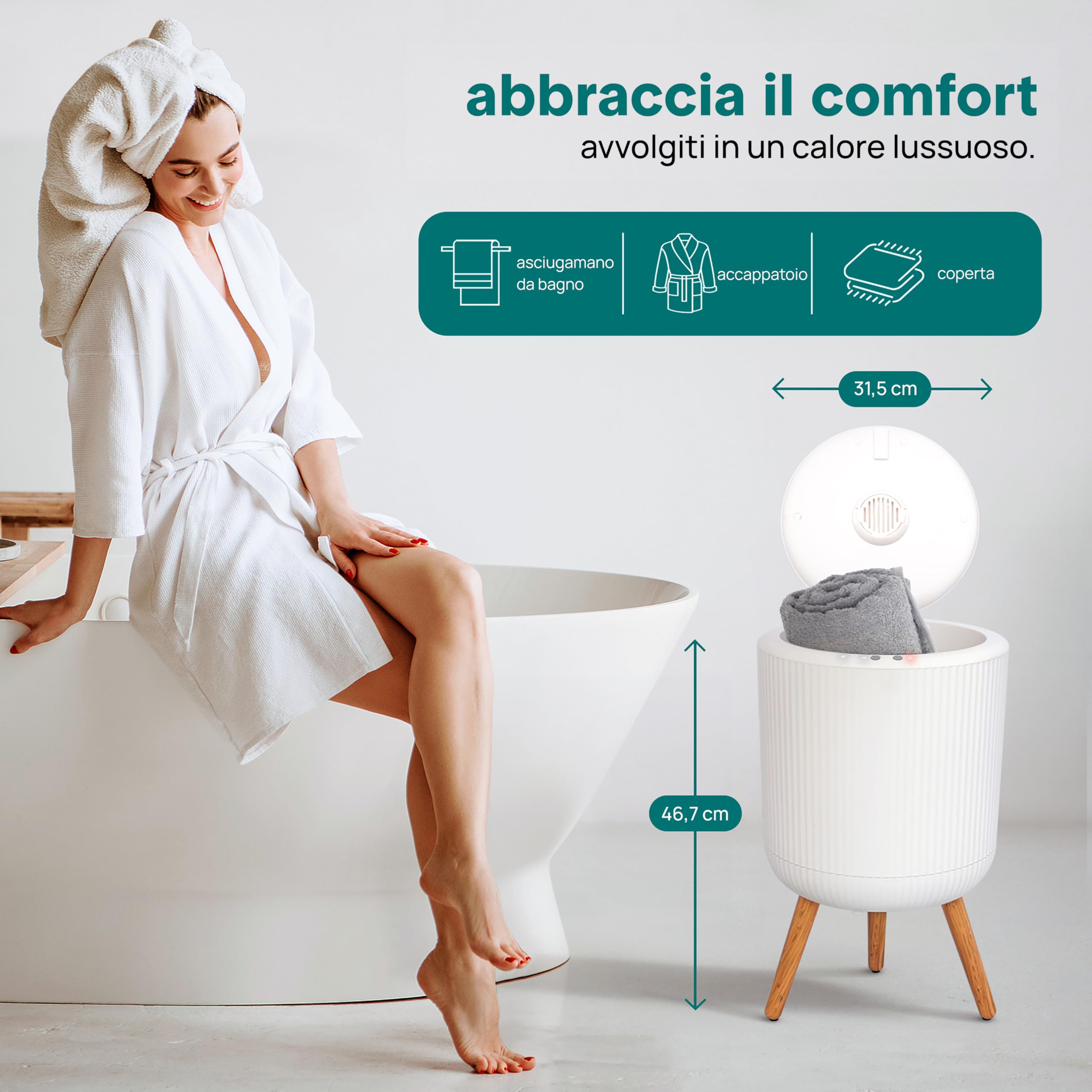 SereneLife Scaldasalviette Elettrico Bagno Autoportante, Scaldasalviette Elettrico 46 cm, Capacità 12 L, Timer Integrato, Dischi Aroma, LED, per Asciugamano, Accappatoio o Coperta, Grigio