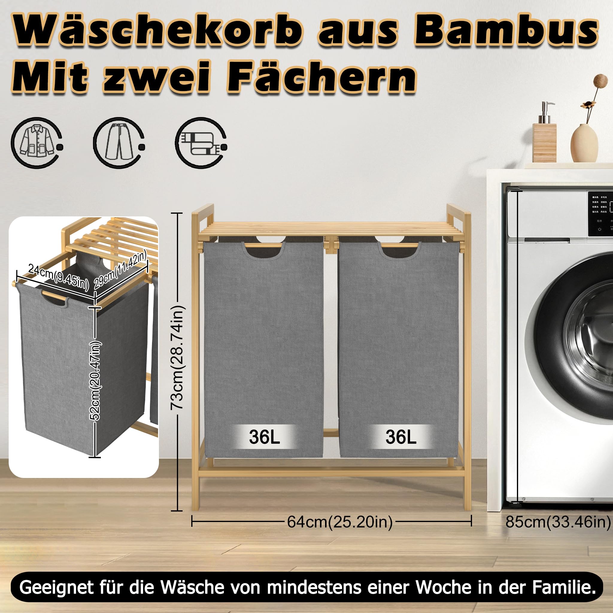 YRHome Kosz na pranie z ramą bambusową, 2 przegródki, 36 l, 73 x 64 x 33,5 cm, kosz na pranie z półką, kosz na pranie z tkaniny Oxford, do pralni, sypialni, szary