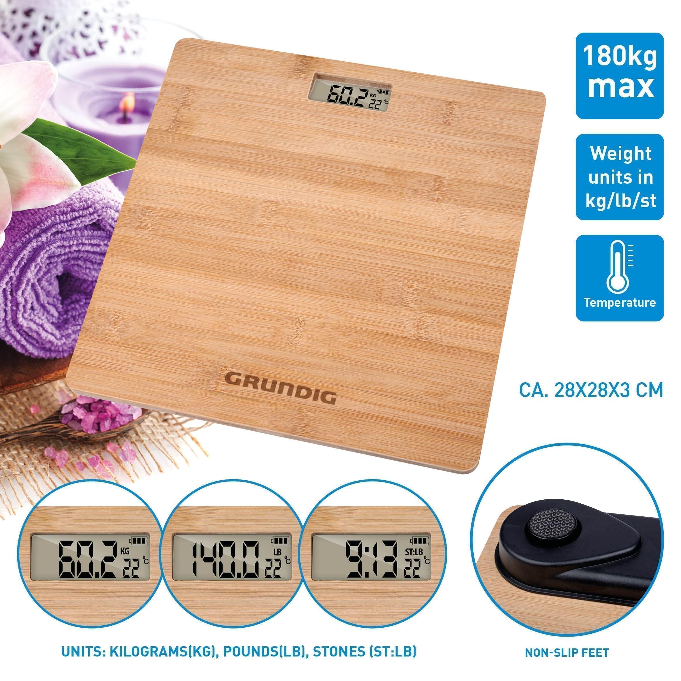 Grundig Bilancia pesapersone – Bilancia digitale in bambù – Max. 180 kg – Bilancia con piedini antiscivolo – Misura in KG, LB e ST
