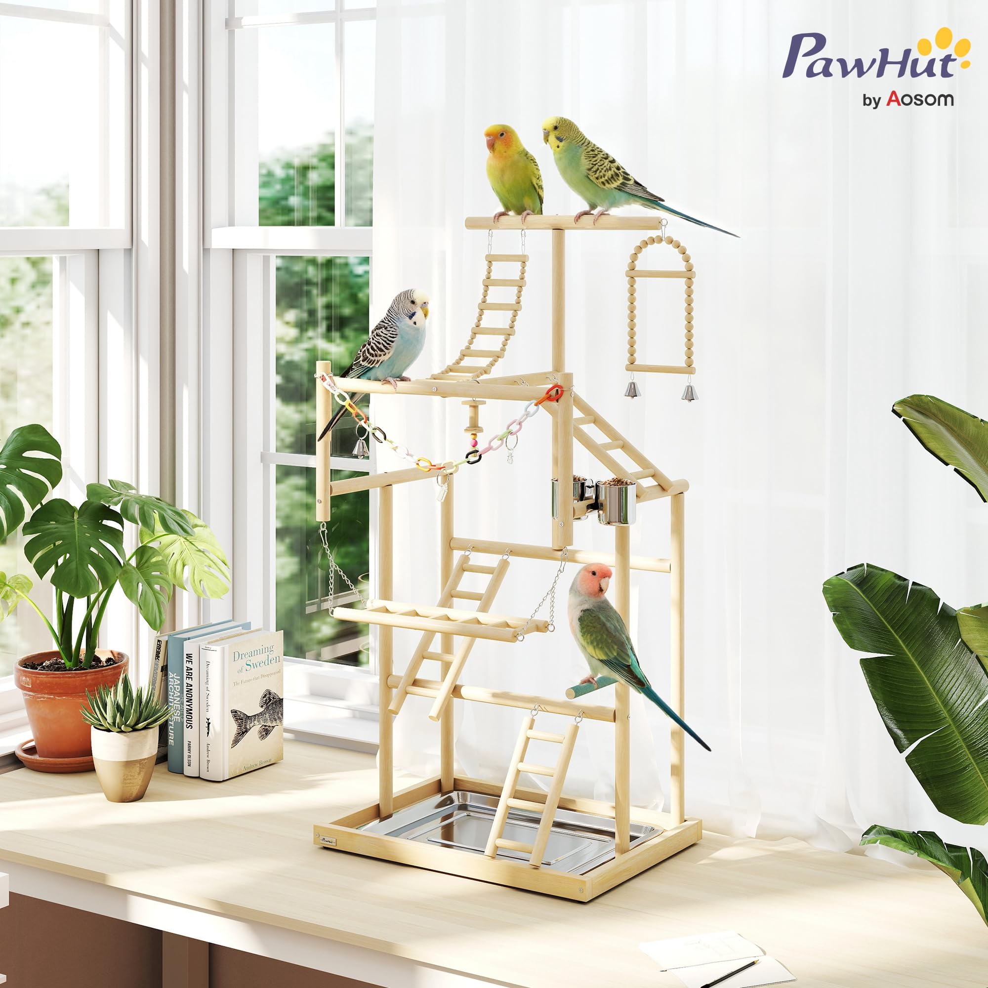 PawHut Bird Playground, 4 Layer Wooden Parrot Play Stand with Ladders, Chain Toy, Stainless Steel Cups and Tray, Bird Cage Accessories for Parakeets, Cockatiels, Finches, Lovebirds, Budgie - image 2
