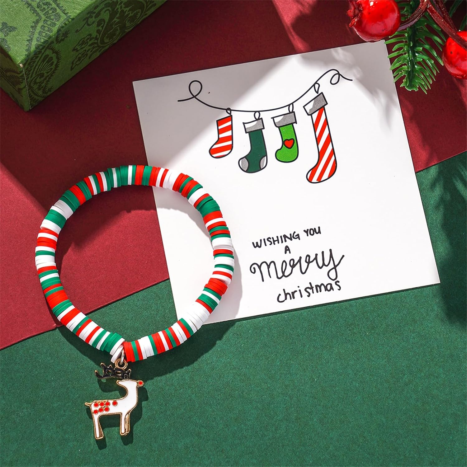 Dreuyet 12 Pcs Christmas Bracelet Set Polymer Clay Stretch Heishi Bracelets Bulk Joy Merry Elk Snowmen Tree Bracelet for Holiday Party Friend Xmas Jewelry Gifts - Image 5