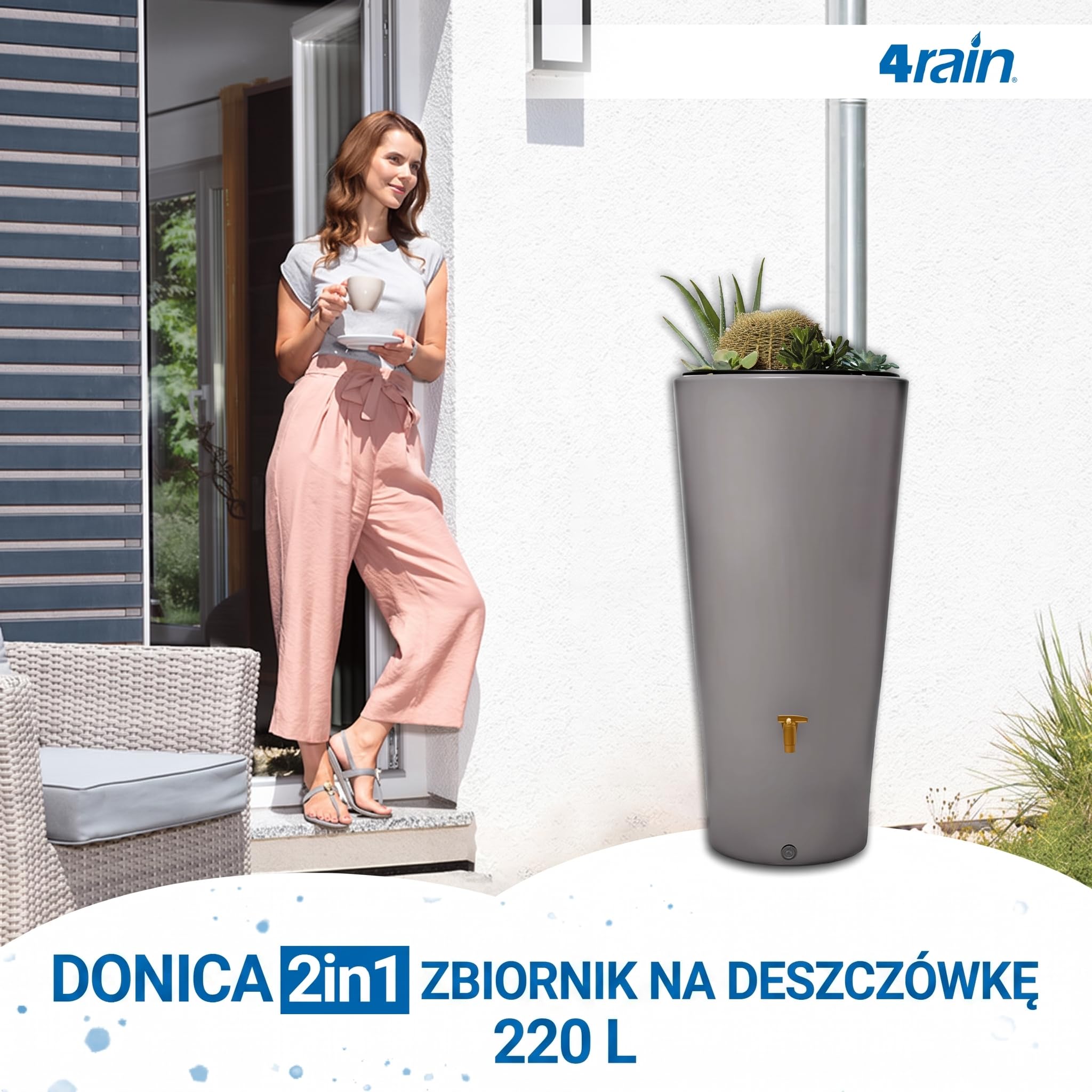 4rain VASO 2w1 zbiornik na deszczówkę 220 l, szary cynkowy, z kranem | spustowym z tworzywa sztucznego i przyłączem do rury spustowej