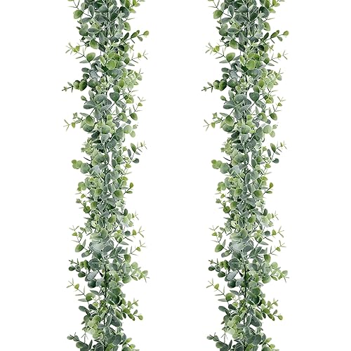 Sggvecsy Artificial Eucalyptus Garland 2 Pack Fake Eucalyptus Greenery Garland Faux Hanging Plants Artificial Vines, 6 Feet/Strand for Wedding Backdrop Arch Wall Table Party Outdoor Festival Decor