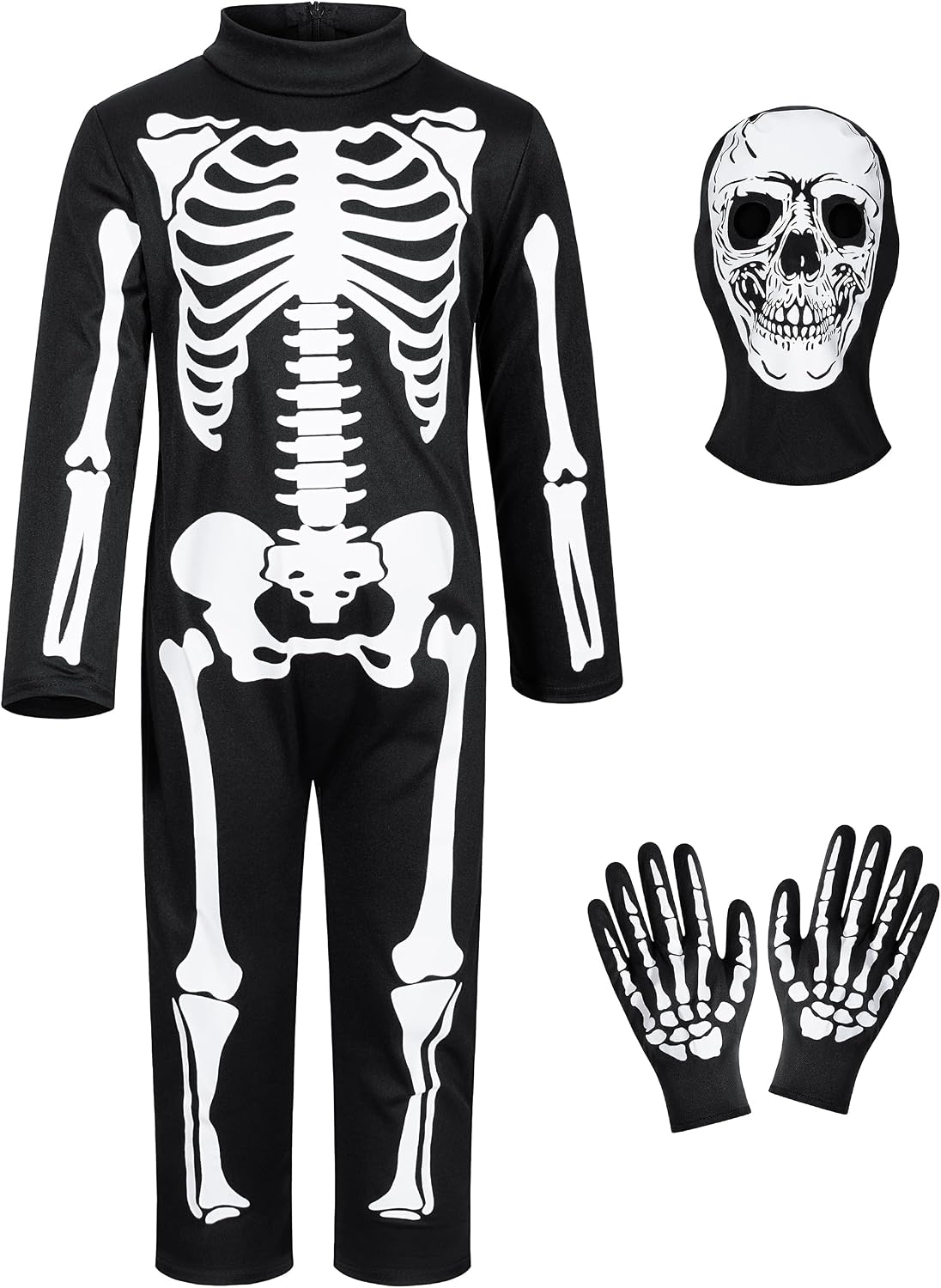 Glow-in-The-Dark Kids Skeleton Costume – Halloween Bodysuit Jumpsuit with Hood & Gloves for Boys & Girls