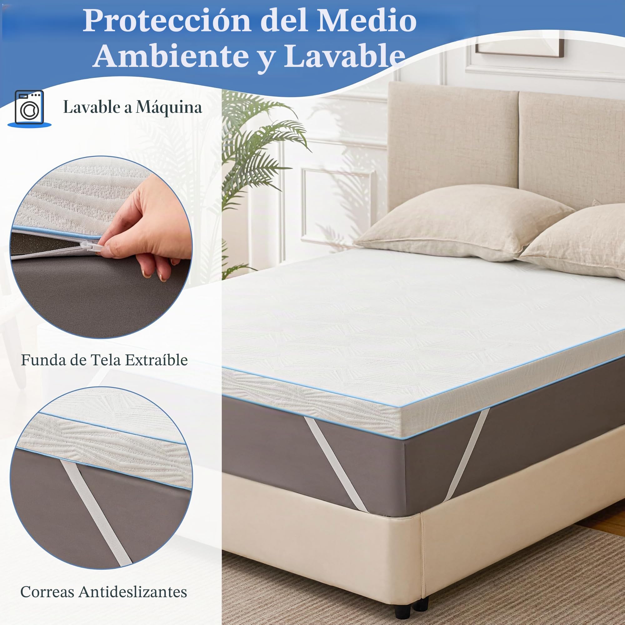Topper Viscoelástico y Espuma Fría, 190x90x5 cm, Blanco, Transpirable, Certificado Oeko-Tex, Funda Extraíble, Antideslizante (5CM, 160X200)