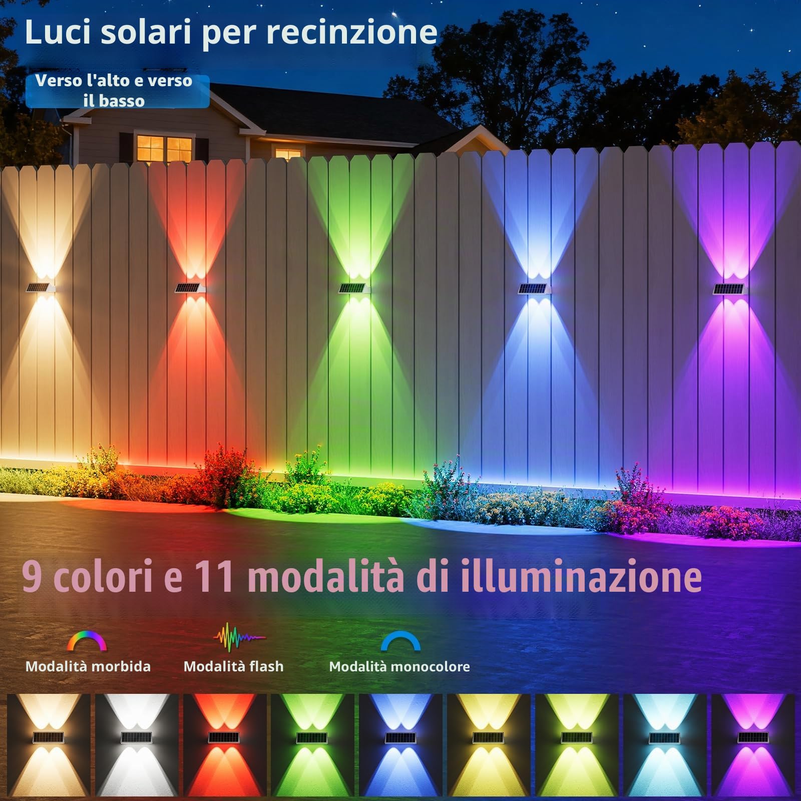 NIORSUN Lampada Solare da Esterno, 8 Pezzi, Leggero Su e Giù, Impermeabili IP65, 3000K/4000K/6500K + RGB, Applique da Esterno Solare per Parete, Terrazza, Giardino, Garage, Recinzione（Bianco）