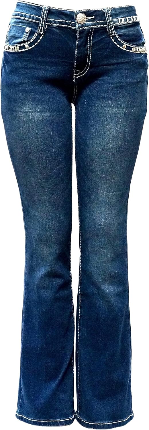 Jack David Woman’s Bootcut Jeans Blue Stretch 5-Pocket Premium Denim Jeans Embellished Rhinestone mid Rise Boot Cut. - Image 3